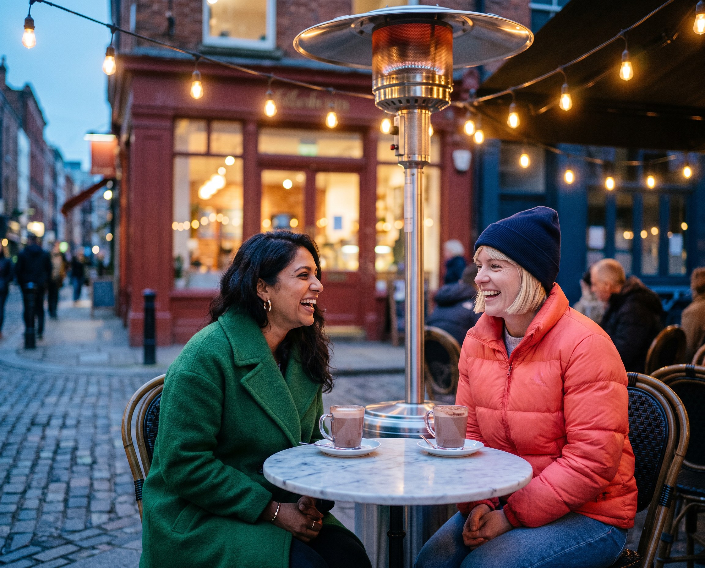 Two friends in colorful coats laughing at an outdoor cafe table under a patio heater at dusk