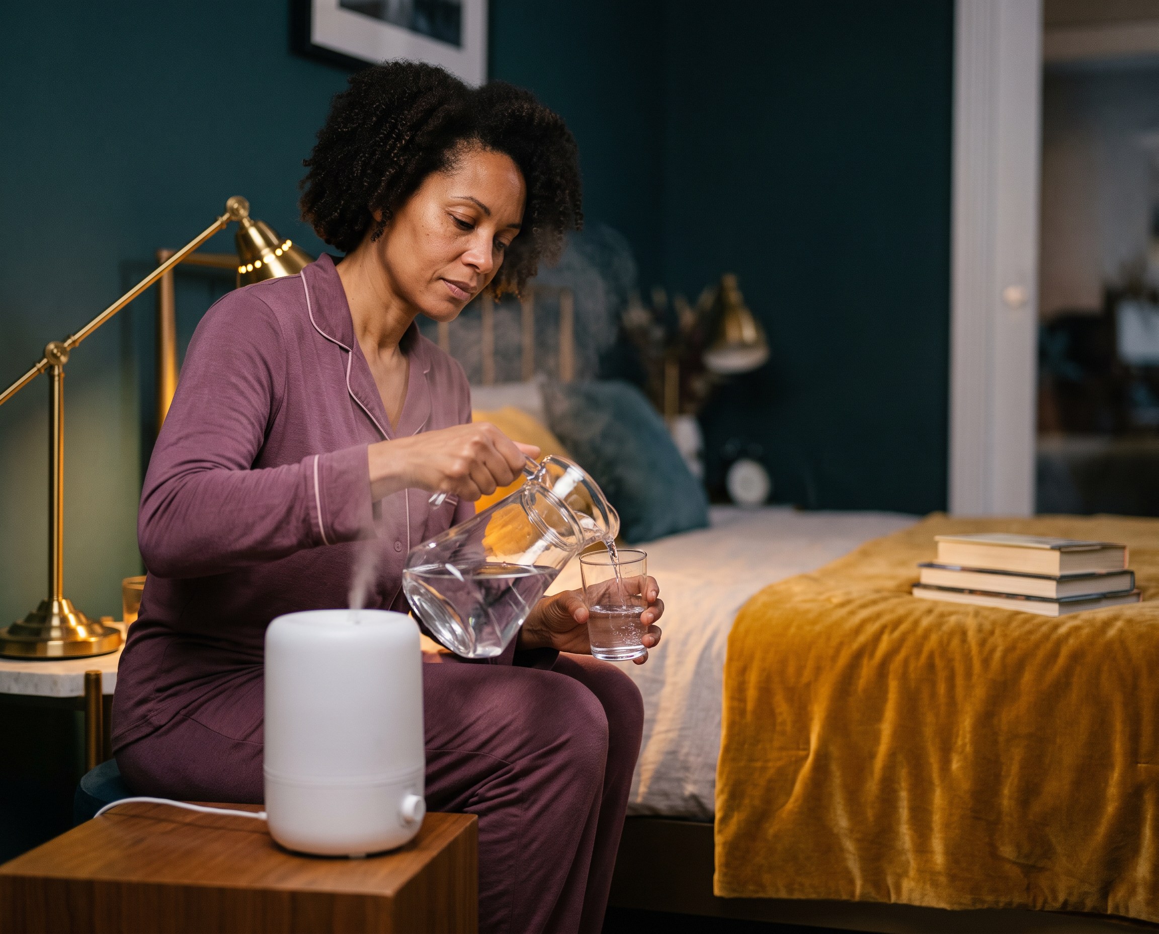 Woman filling a cool-mist humidifier beside her bed in a teal bedroom