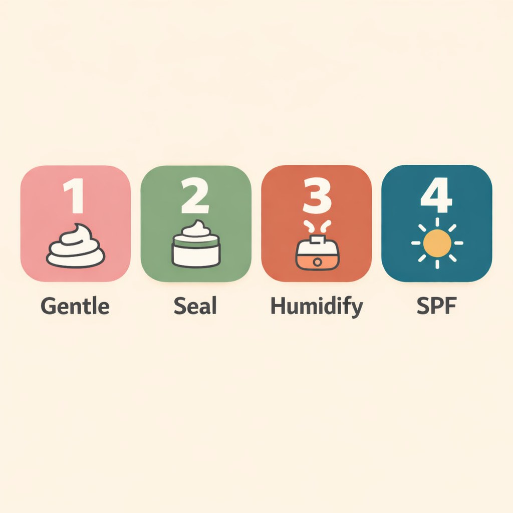 Infographic of four November skin swaps: gentle cleanser, seal with cream, humidify, and SPF