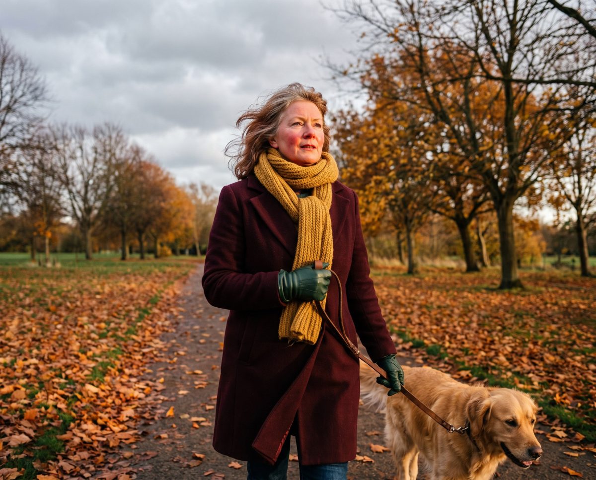 Woman walking golden retriever through an autumn park