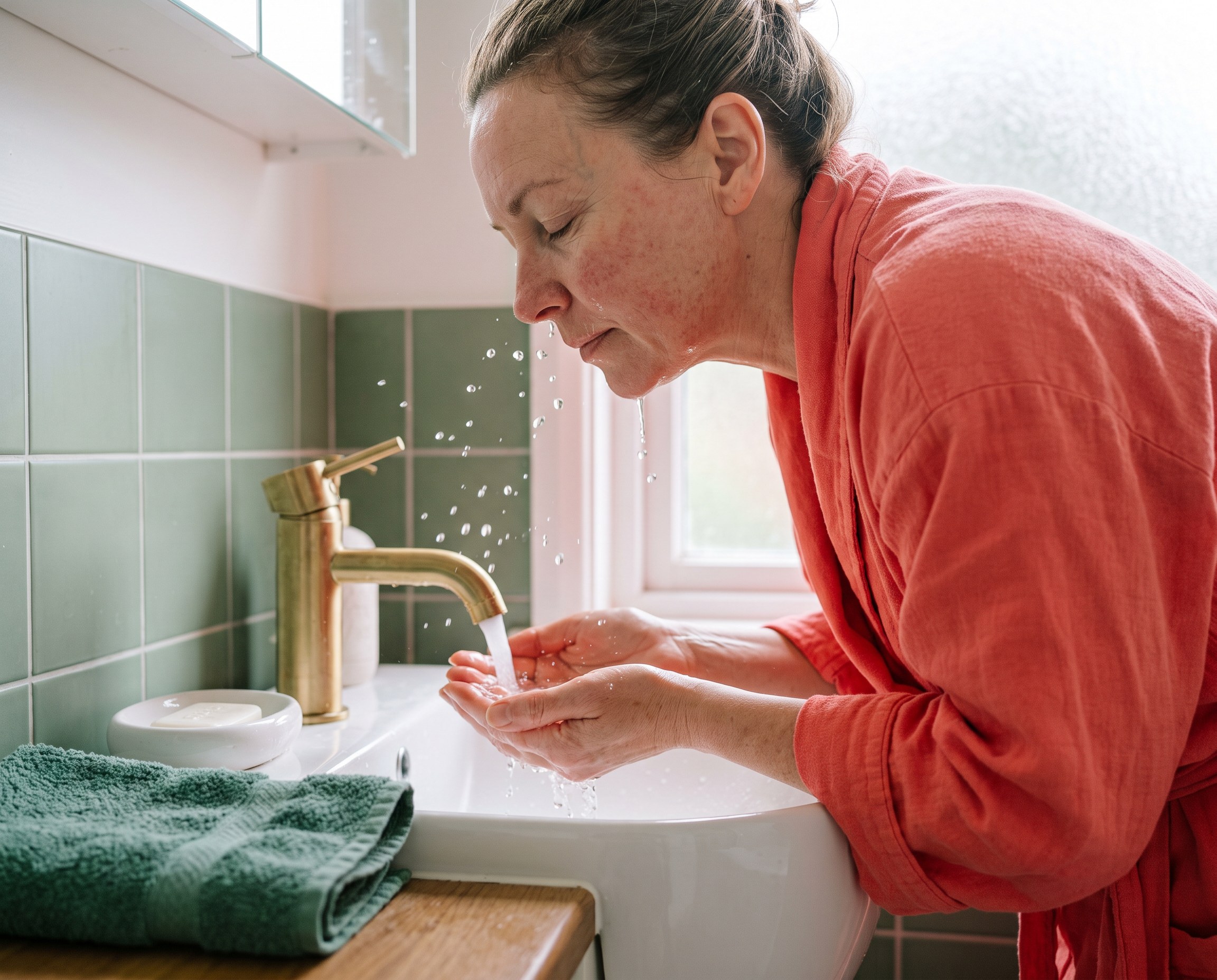 Woman in her 40s splashing water on her face at a bathroom sink in the morning