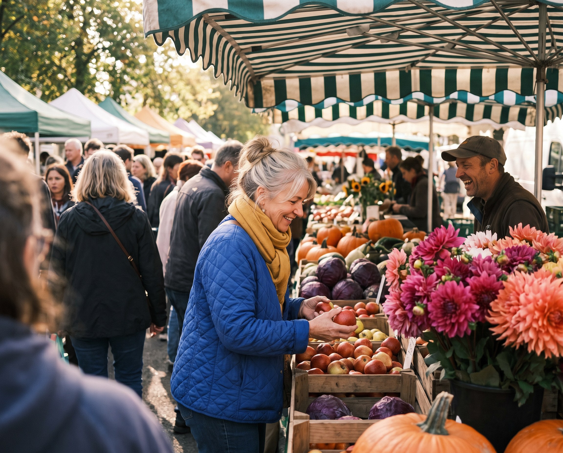 Woman around 50 choosing apples at an autumn farmers market