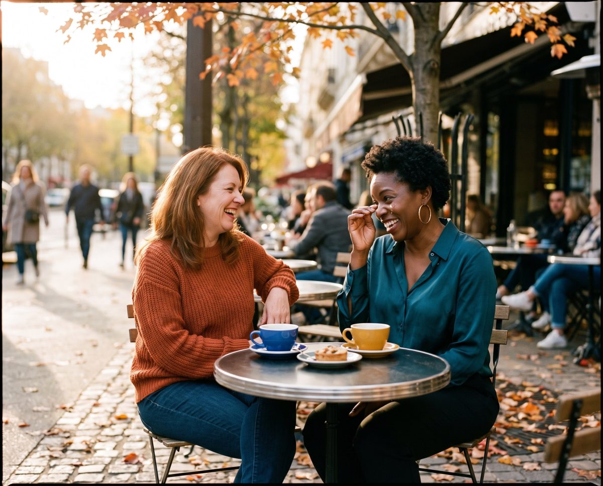 Two friends laugh over coffee at an outdoor café