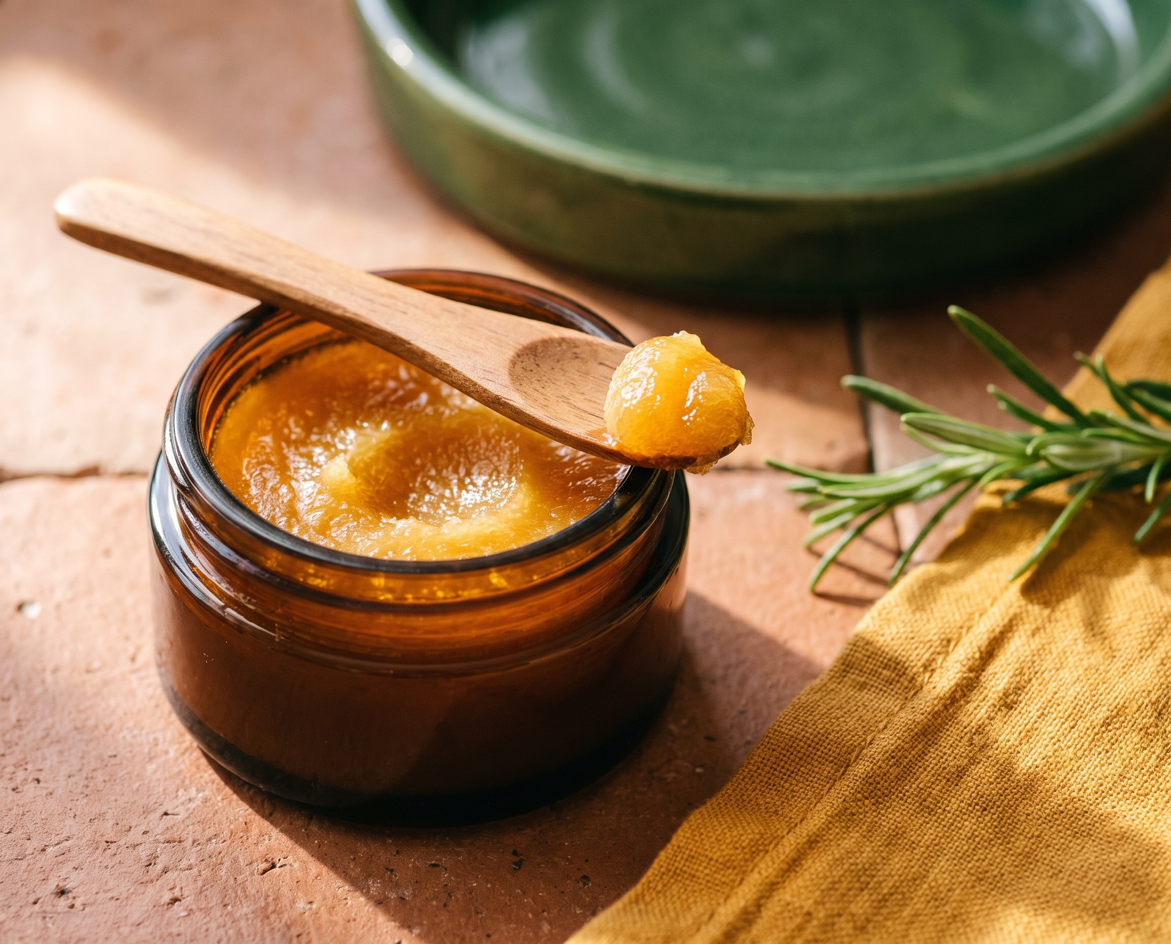 Open jar of balm with a wooden cosmetic spatula on a terracotta counter