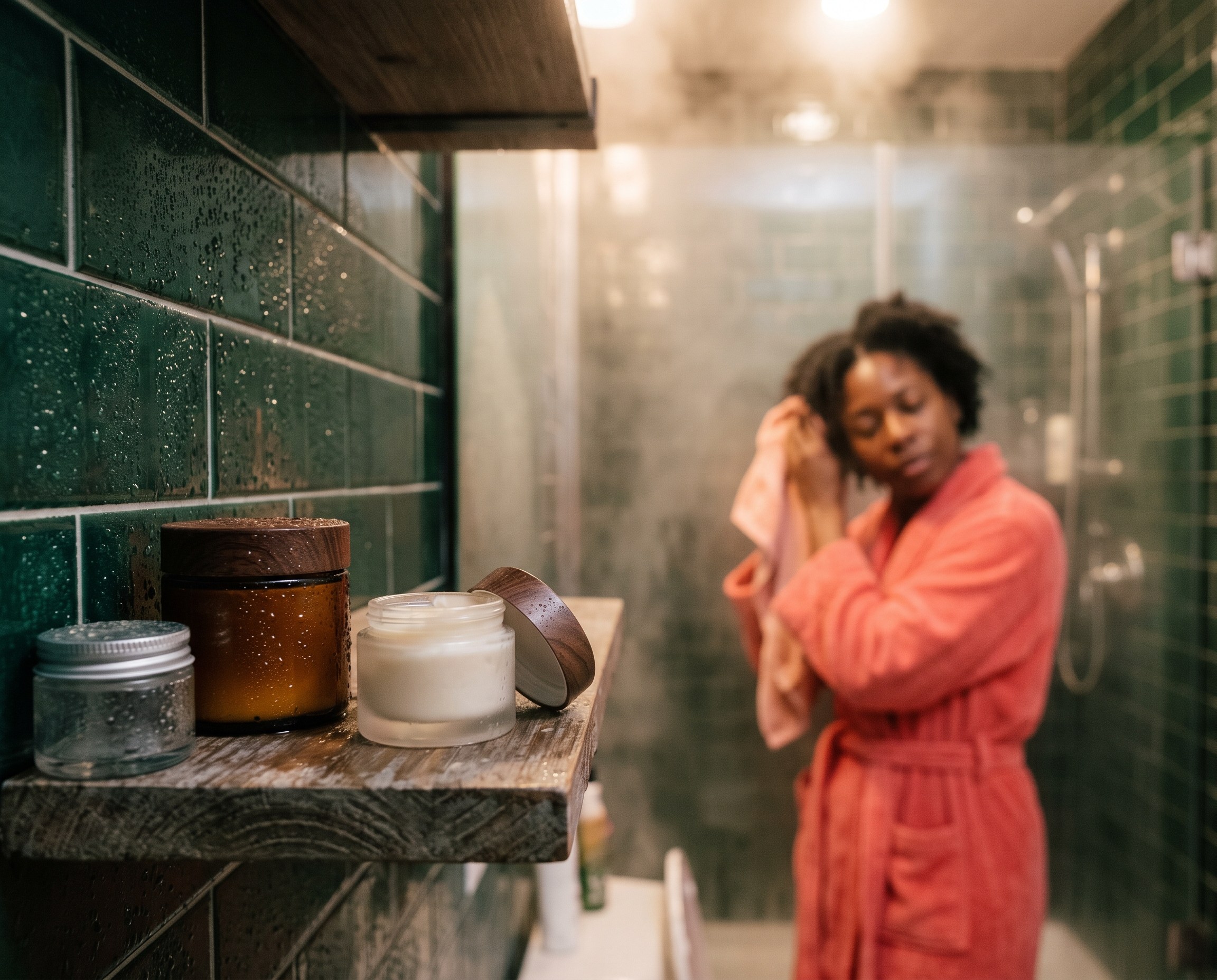 Skincare jars on a wooden shelf in a steamy bathroom with condensation on green tiles
