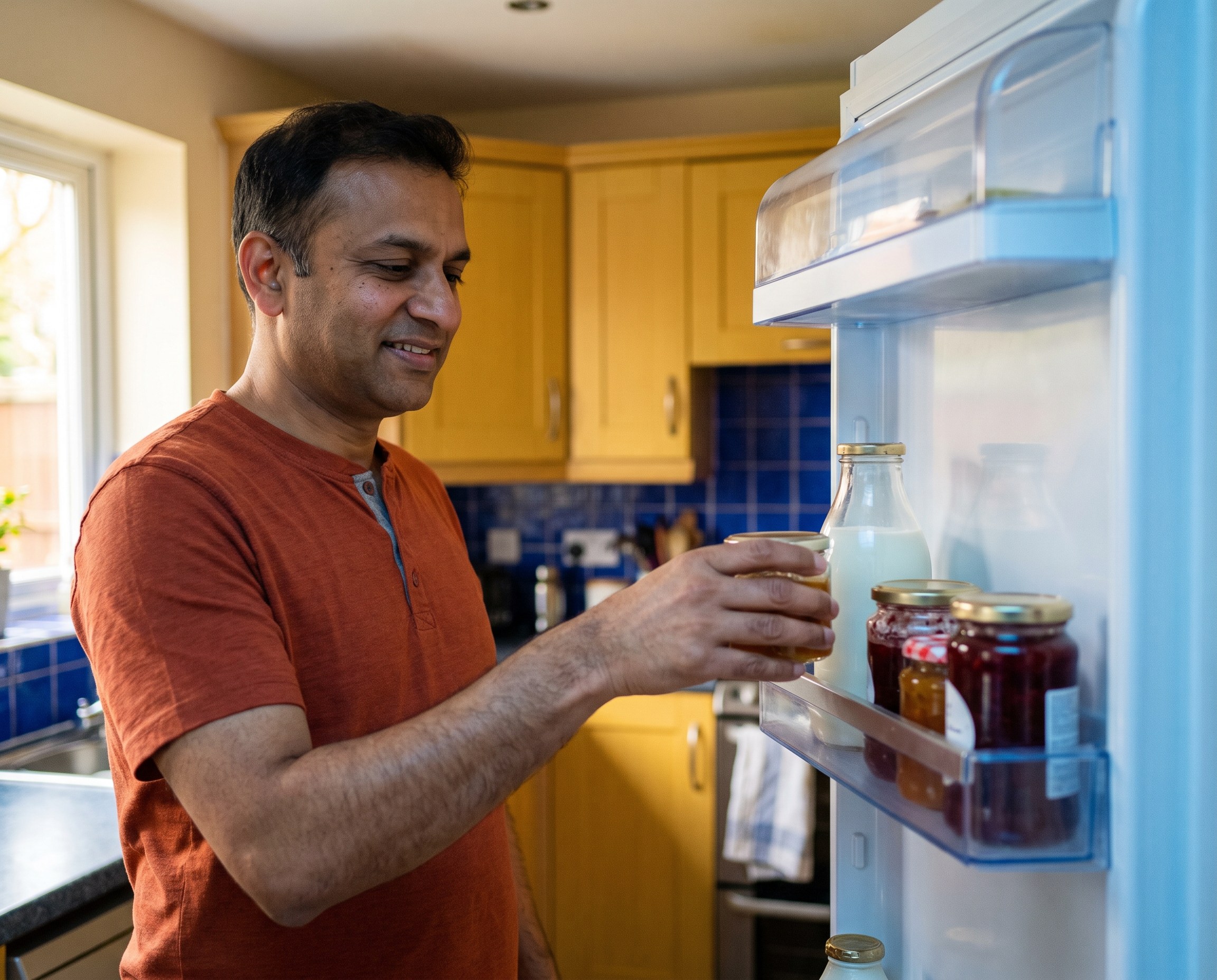 Man placing a small skincare jar in a refrigerator door in a colorful kitchen