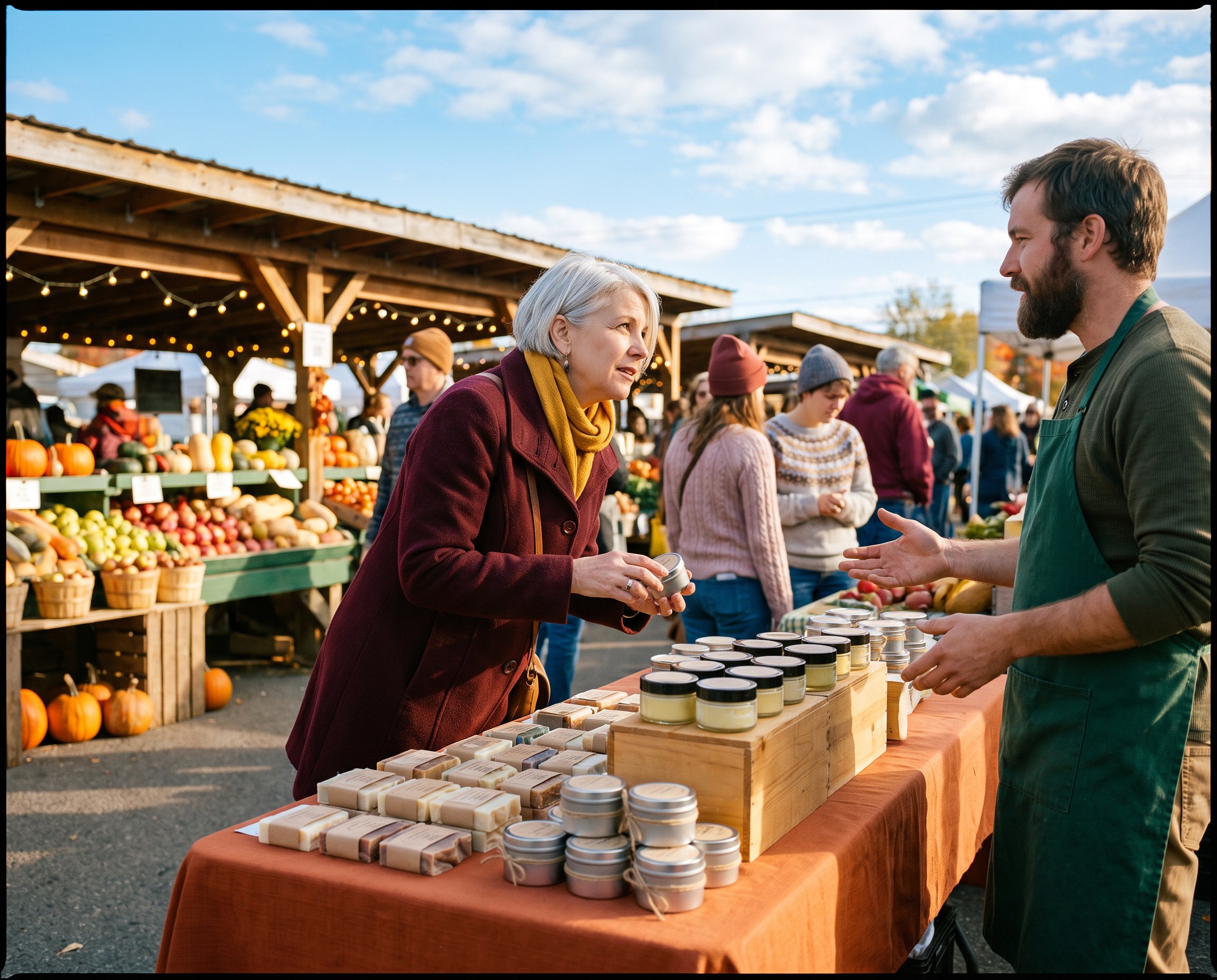 Woman with silver hair asking a vendor about handmade balms at an autumn farmers market