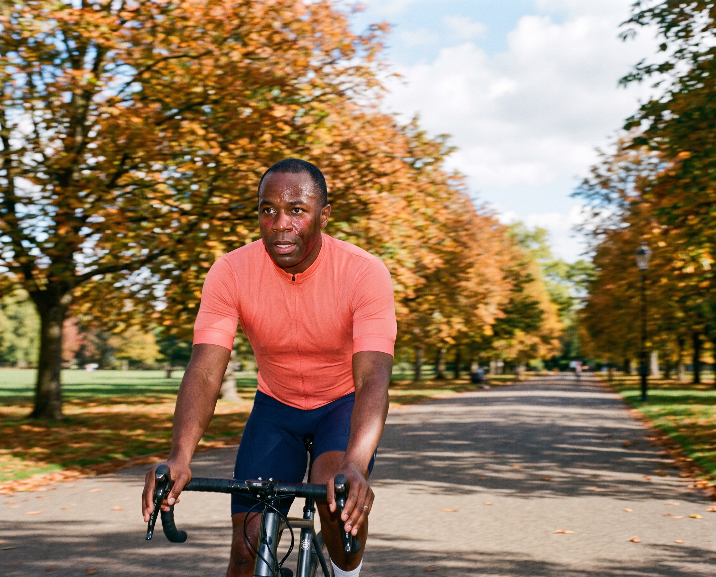 Man in his 40s cycling on a tree-lined park path in autumn