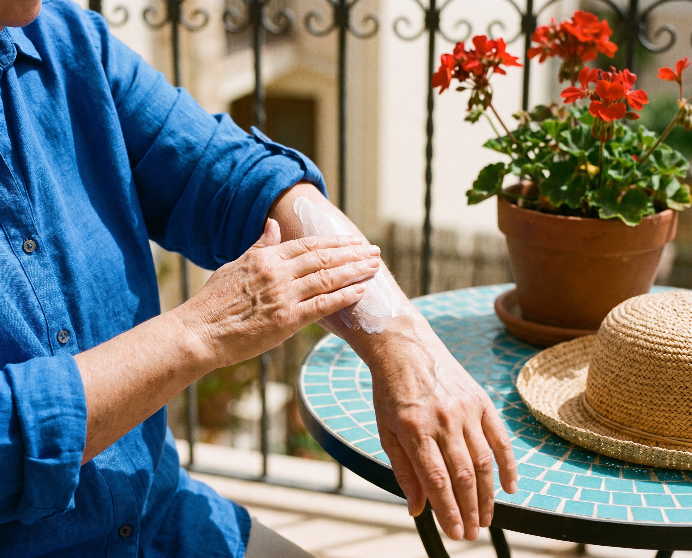 Close-up of a woman applying mineral sunscreen to her forearm on a sunny balcony