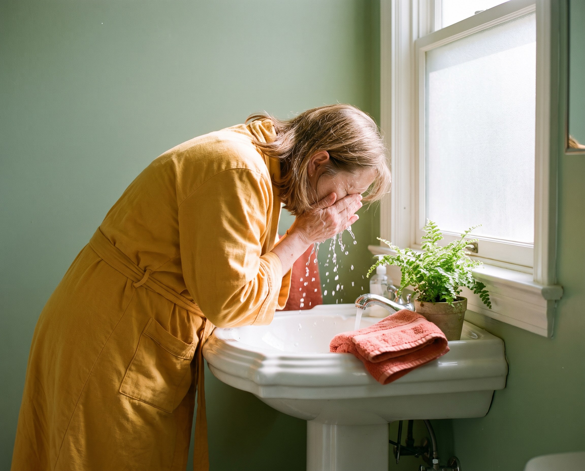 Woman in her late 50s splashing cool water on her face at a sink in a bright sage-green bathroom