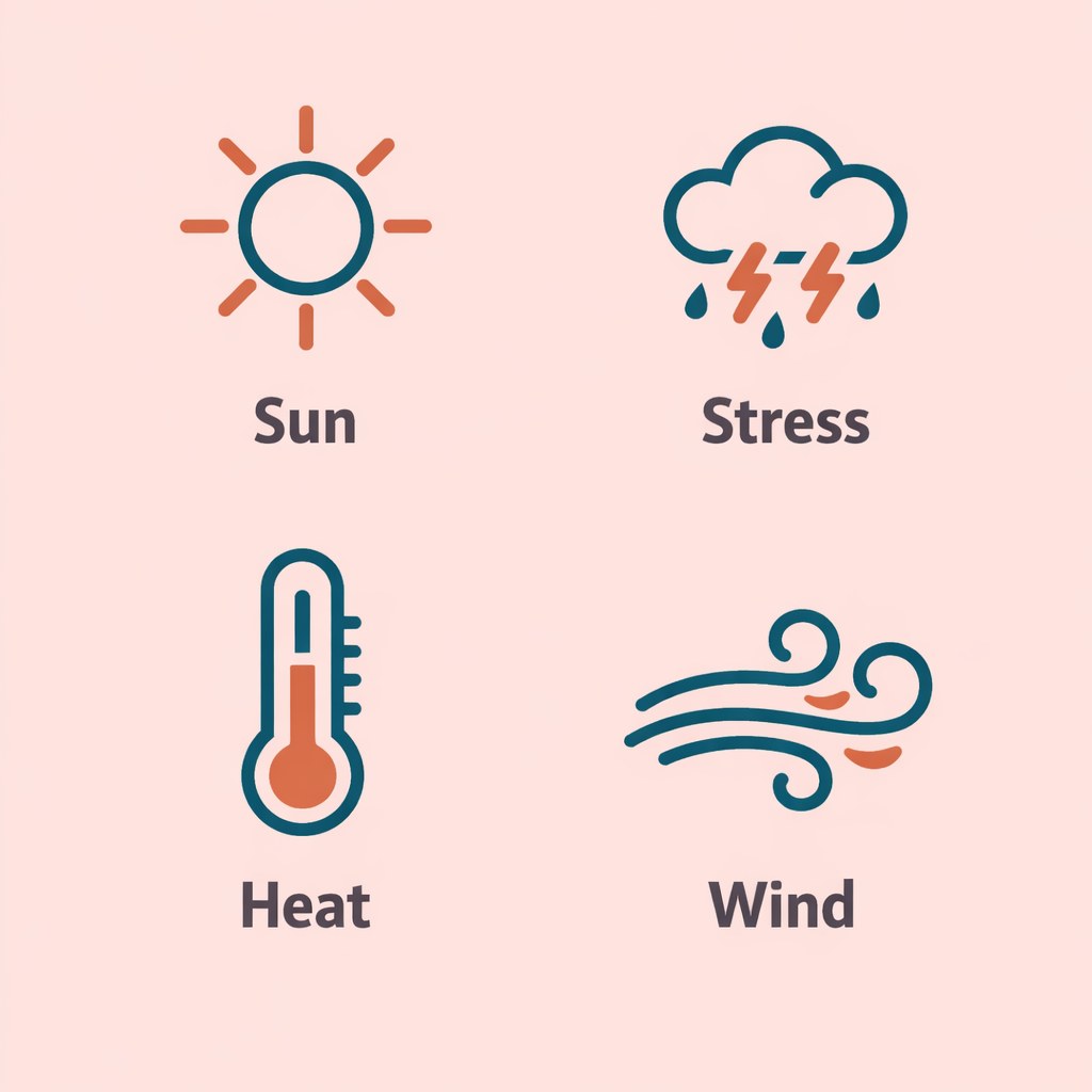 Infographic of four common rosacea triggers: sun, stress, heat and wind