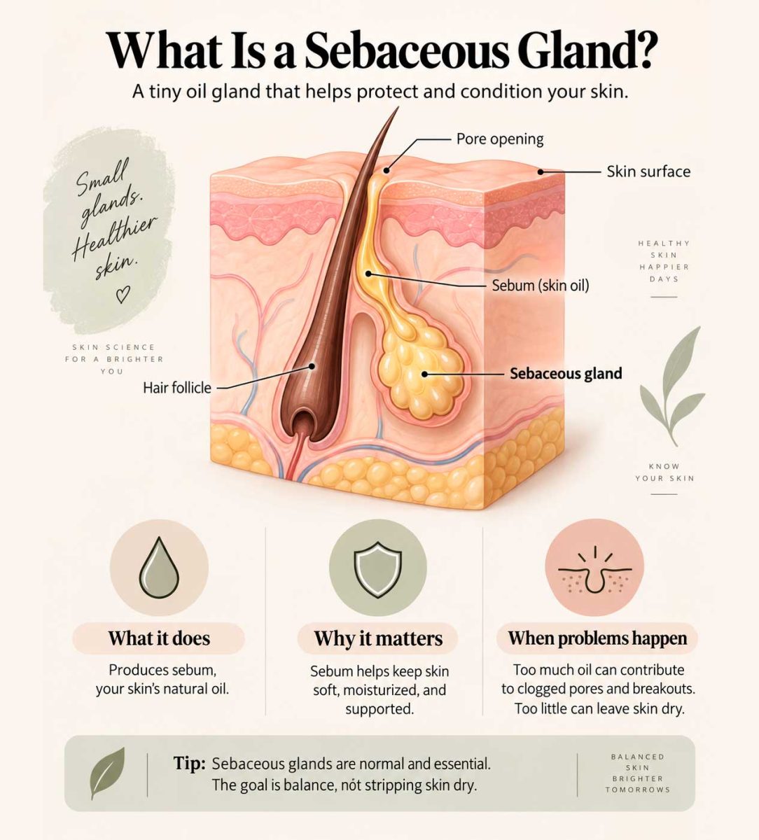 Diagram of sebaceous gland connected to a hair follicle