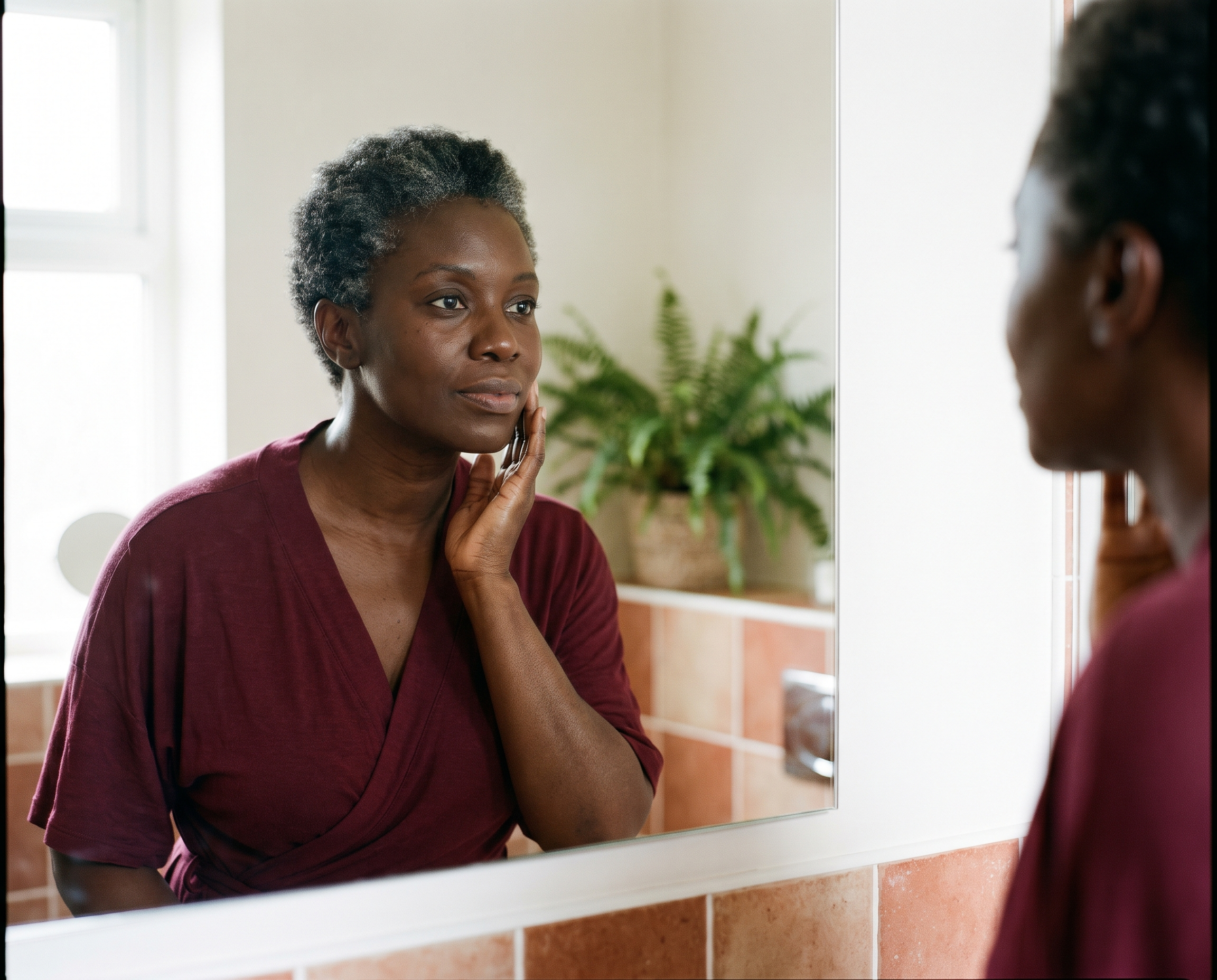 Black woman in her mid-50s in a burgundy wrap top examining her cheek in a bathroom mirror with terracotta tile walls