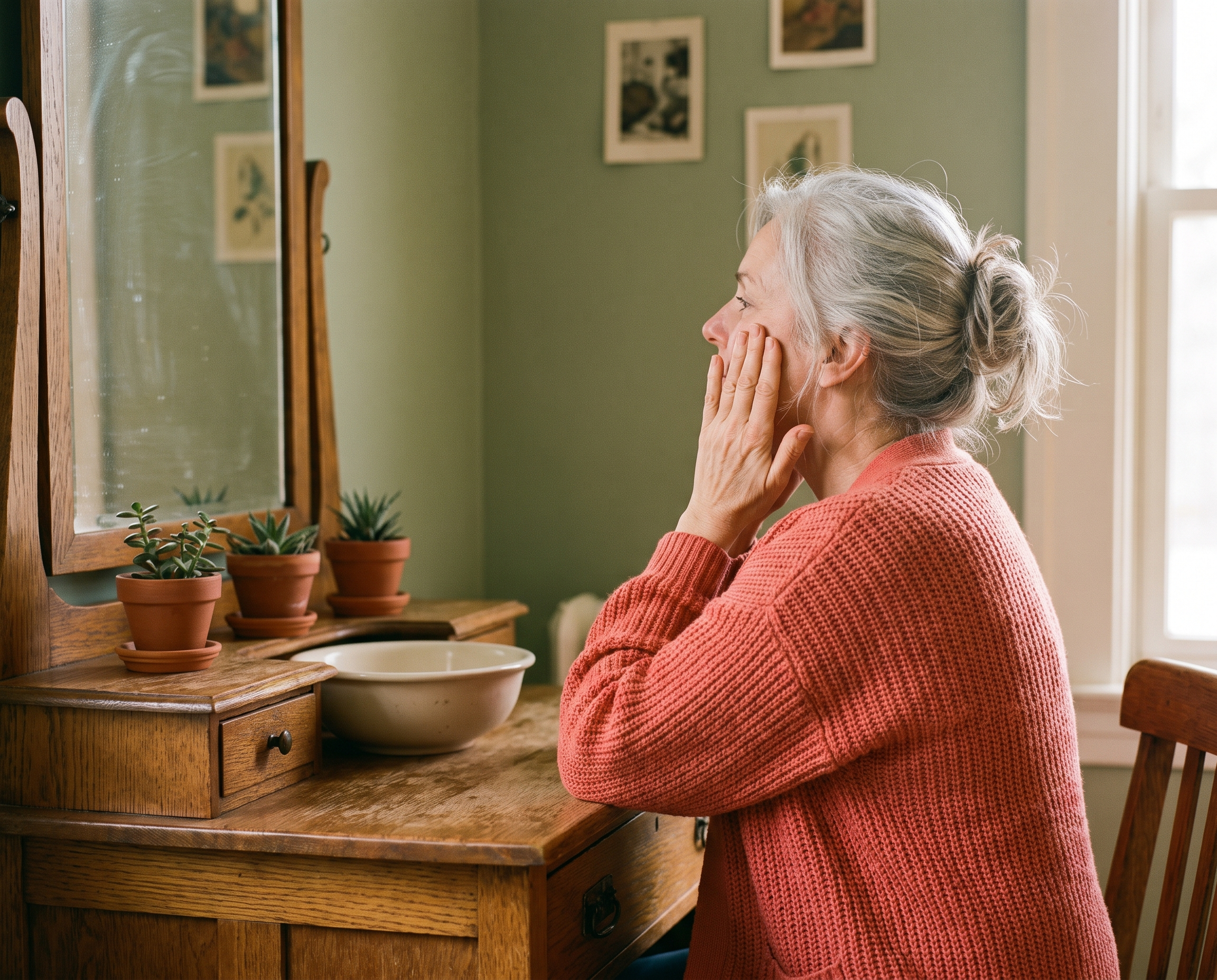 Caucasian woman in her late 50s with silver hair in a coral cardigan seated at a vanity with sage green walls, applying skincare with her fingertips