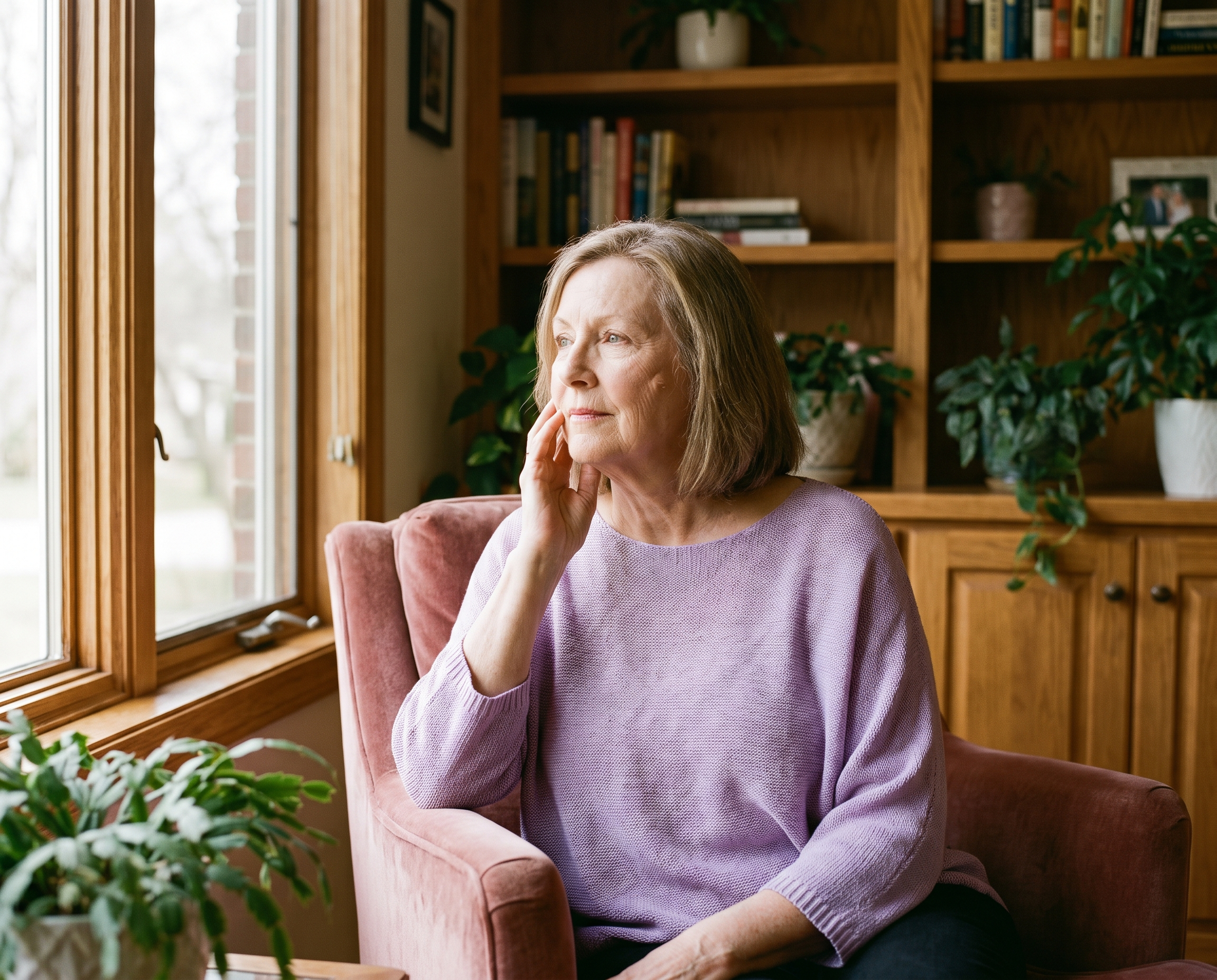 Caucasian woman in her late 60s in a lavender top touching her cheek while looking out a window in a sitting room with dusty rose chair and oak bookshelves