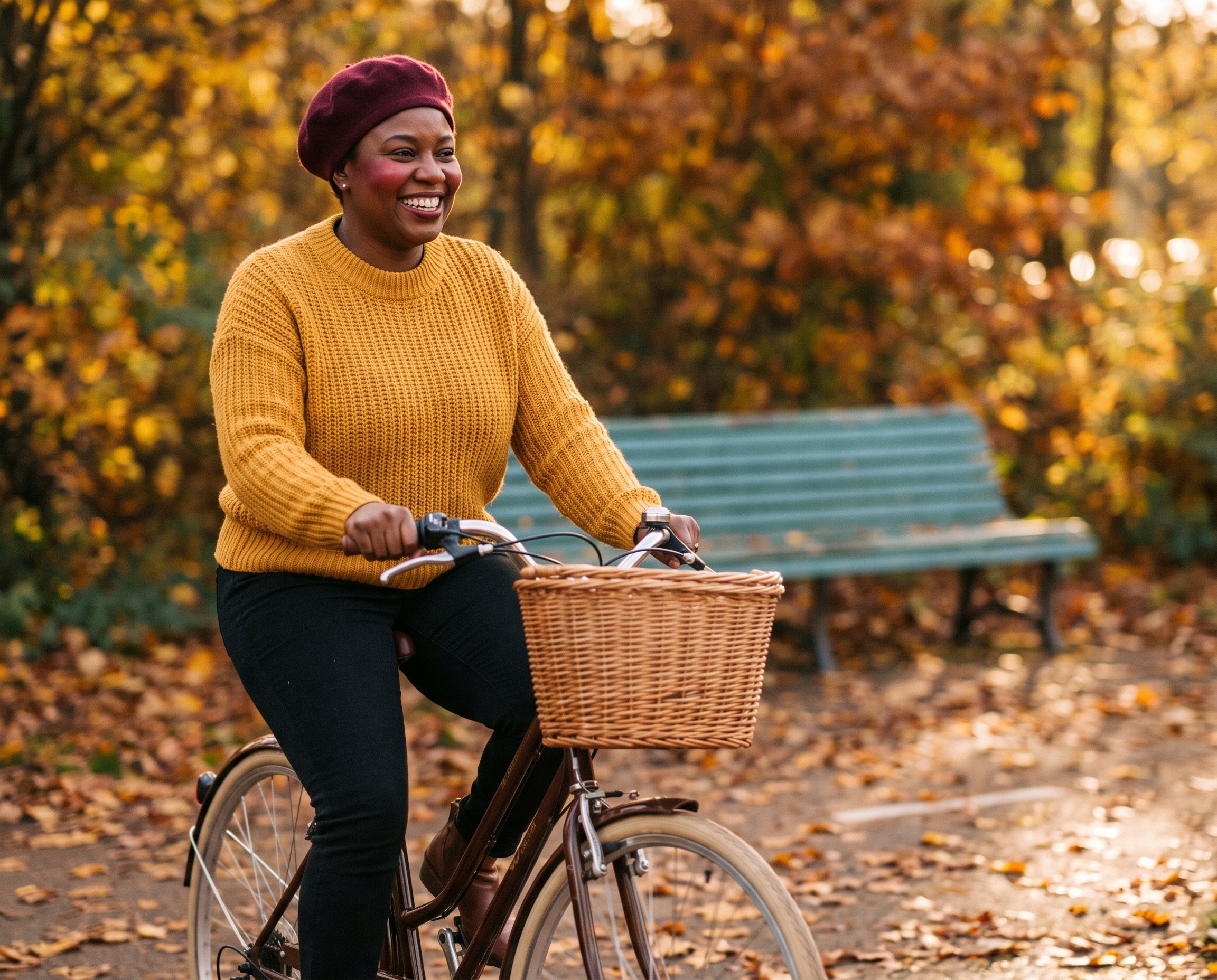 Woman in a mustard sweater cycling along an autumn city path