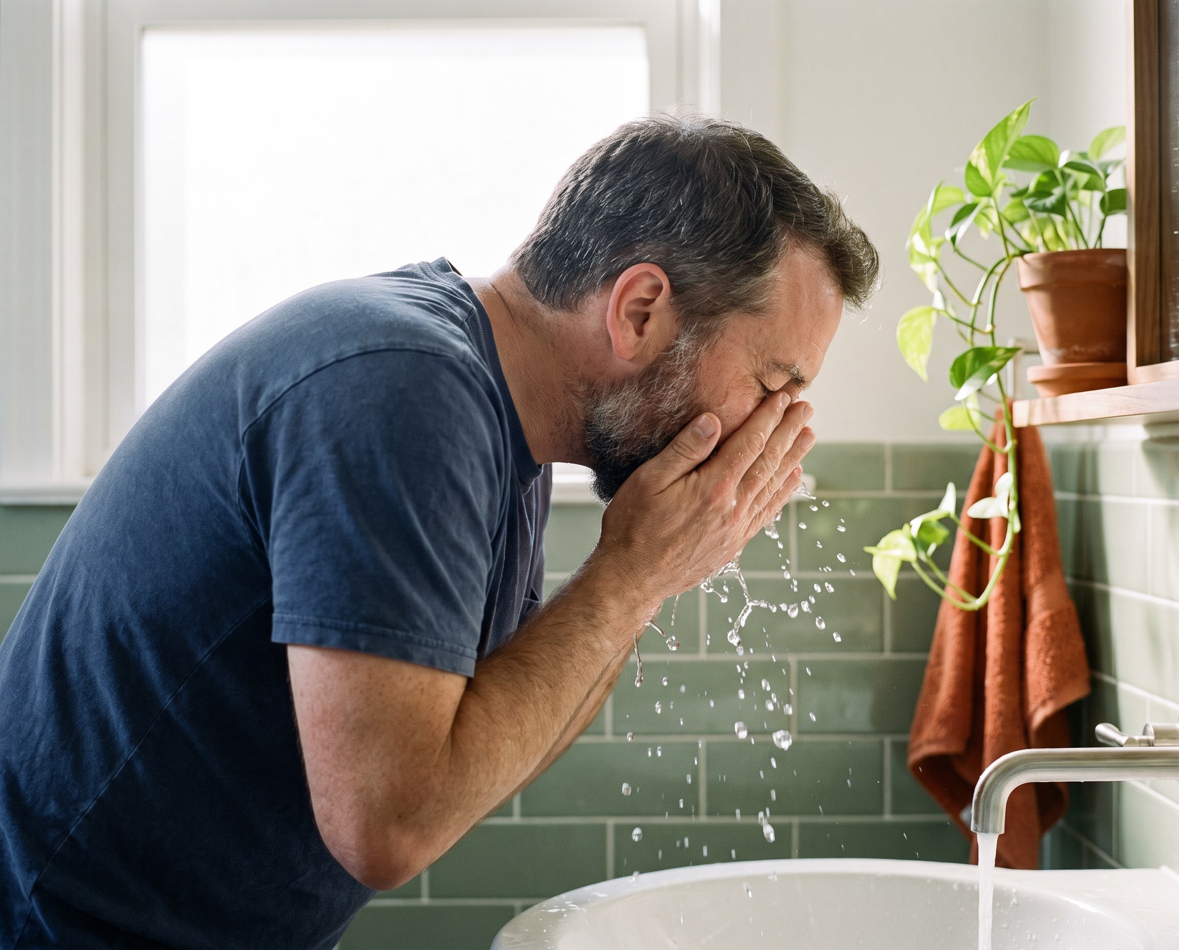 Man splashing water on his face at a sage green tiled sink
