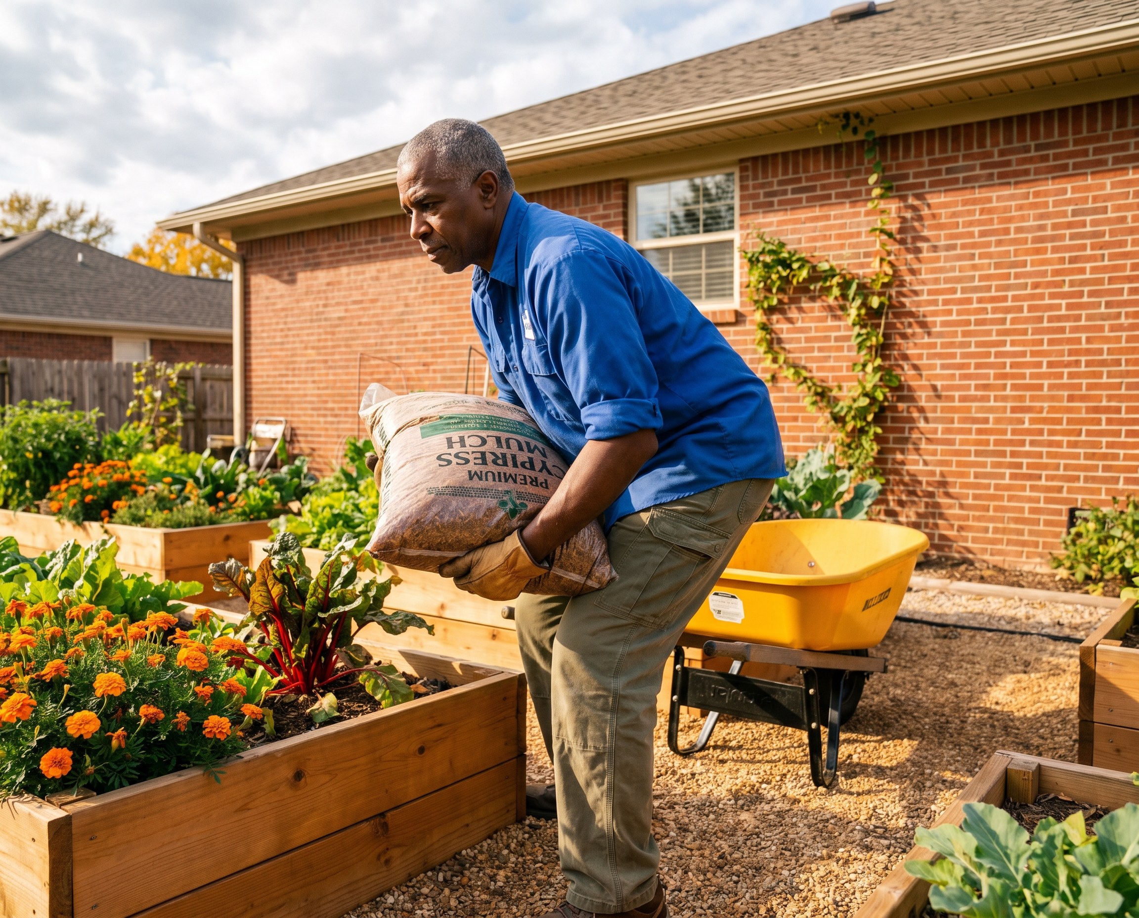 Man in his 60s lifting a bag of mulch close to his body in a backyard garden