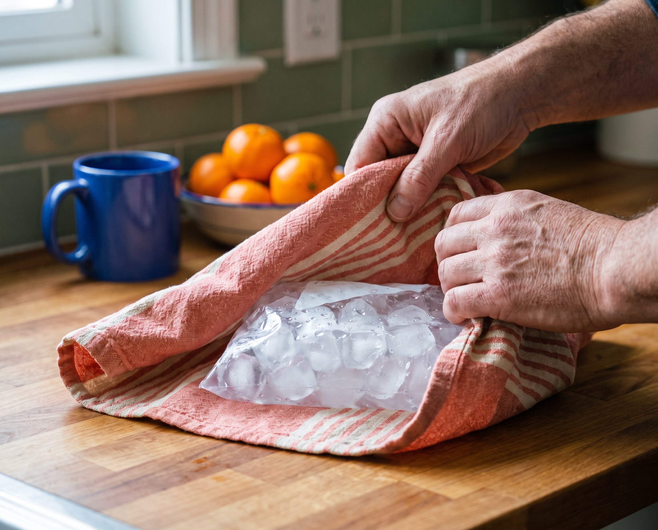 Hands wrapping a bag of ice in a striped kitchen towel
