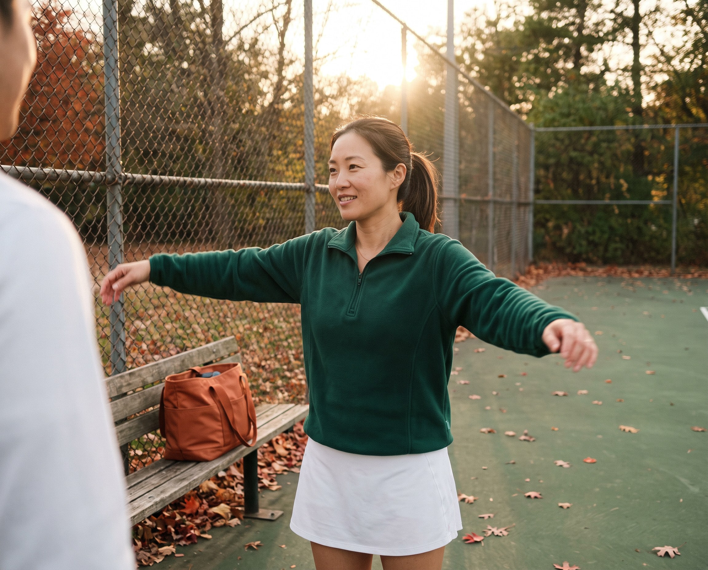 Woman warming up her shoulder with arm circles beside a tennis court