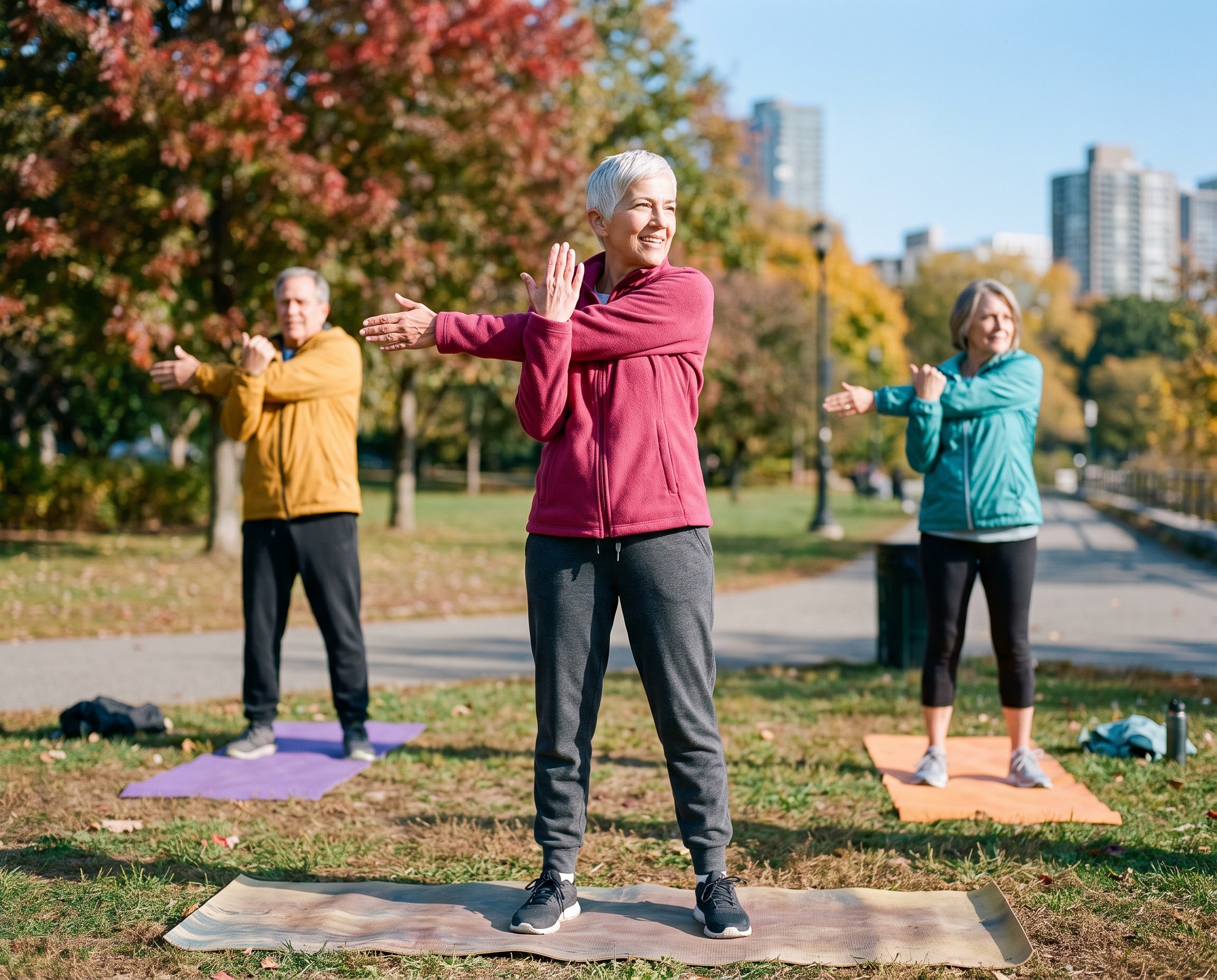 Woman in her late 60s doing a cross-body shoulder stretch in an outdoor park class