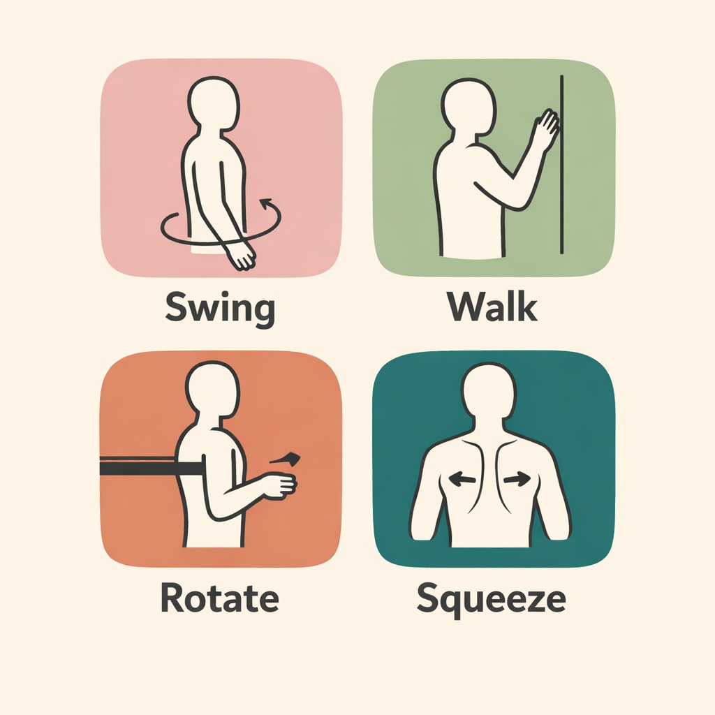 Infographic of four home shoulder exercises: swing, walk, rotate, squeeze