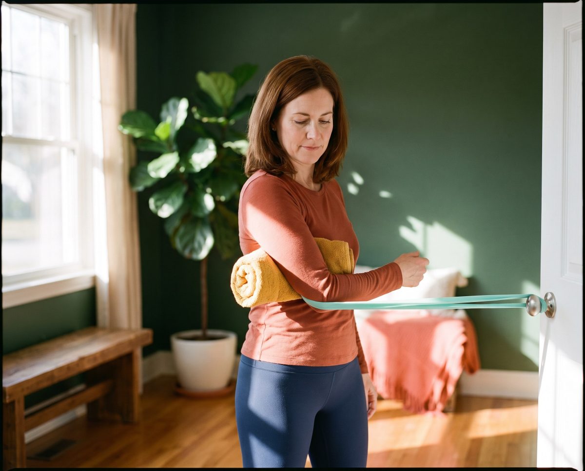 Woman exercises with resistance band at home