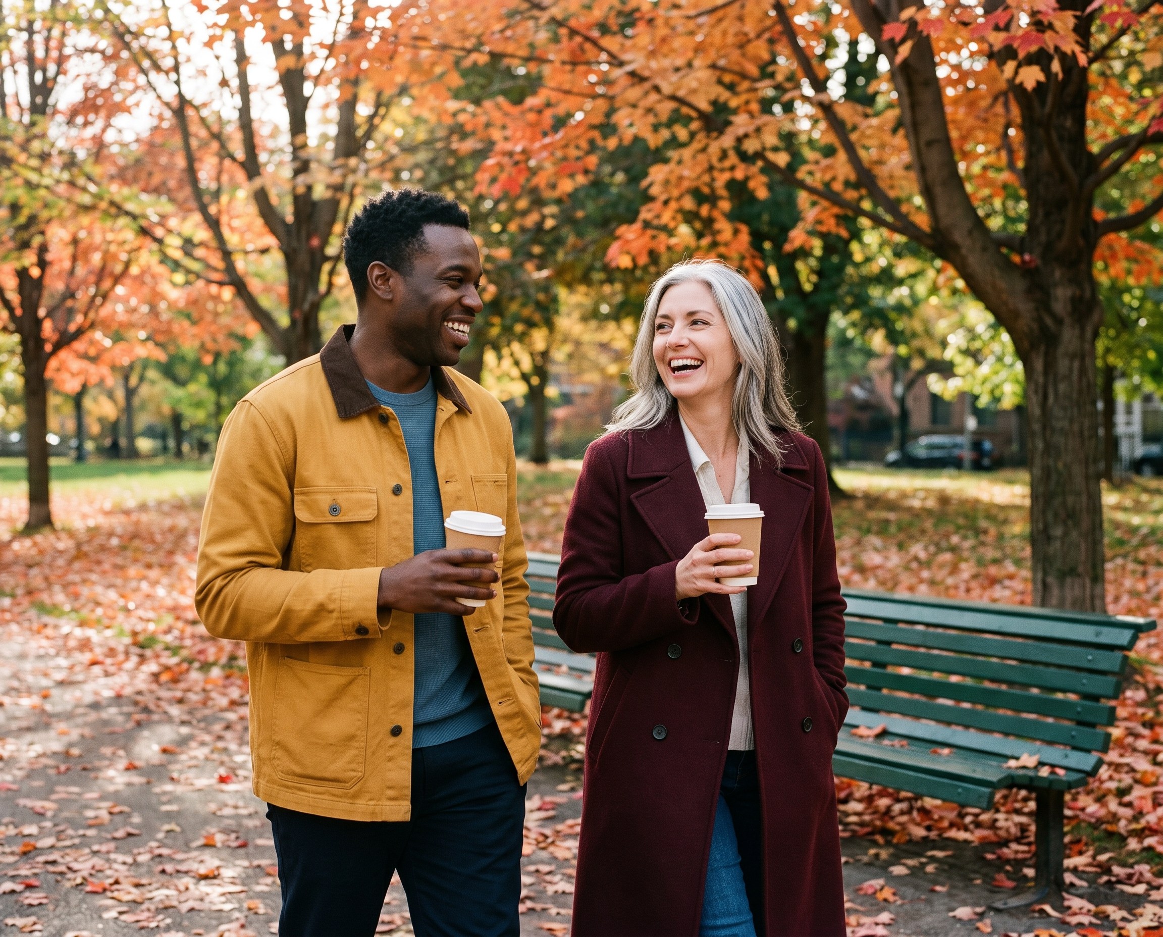 Two coworkers laughing on a walking meeting in an autumn park