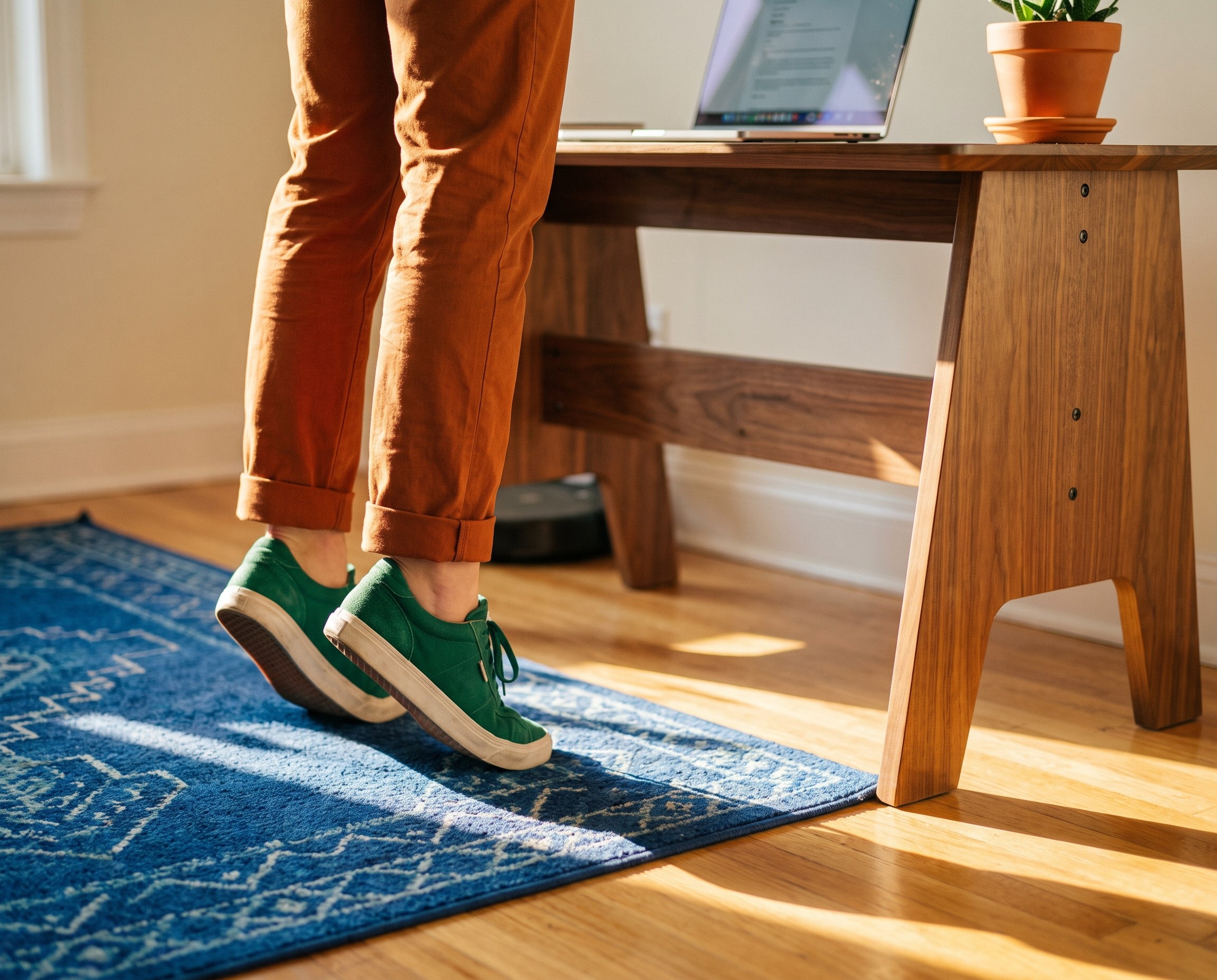 Close-up of calves and green sneakers doing a calf raise beside a standing desk