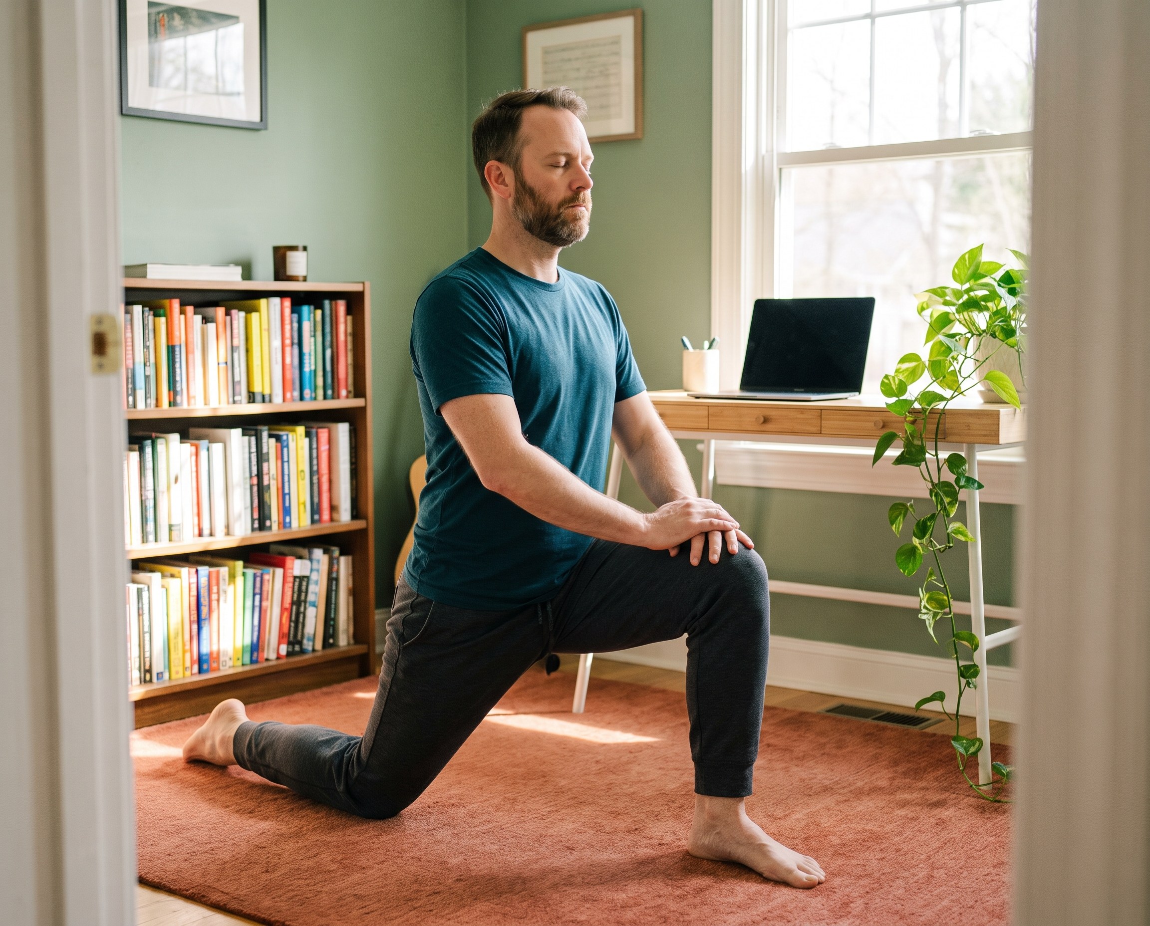 Man doing a hip flexor lunge stretch in a sunlit home office