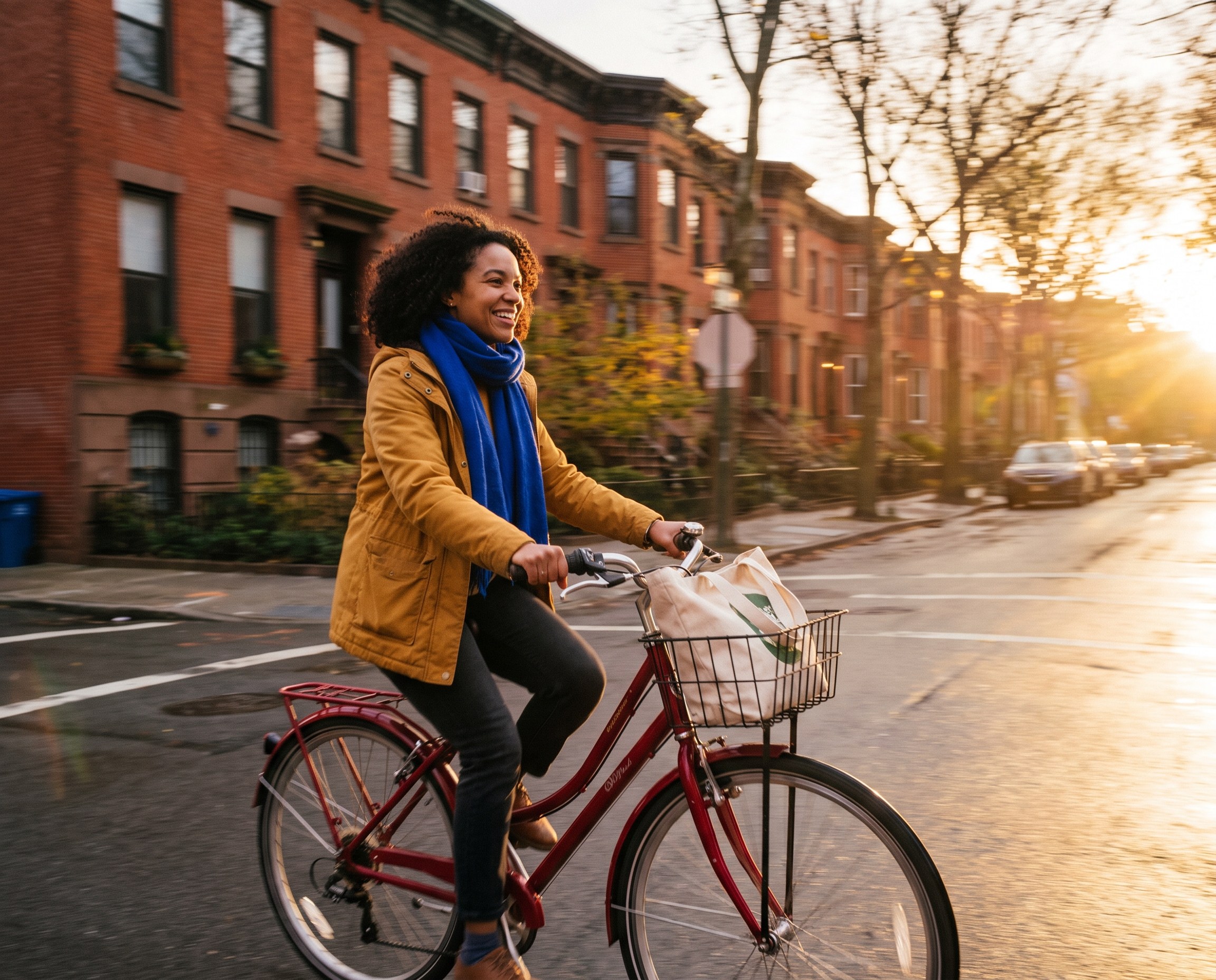 Woman cycling home from work on a red bike along a brick street at golden hour