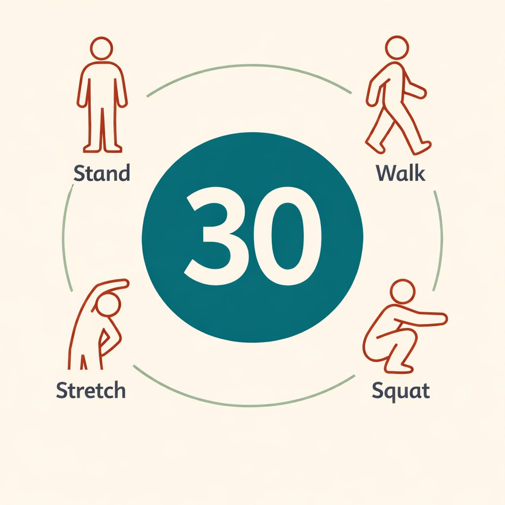 Infographic showing four movement breaks every 30 minutes: stand, walk, stretch, squat