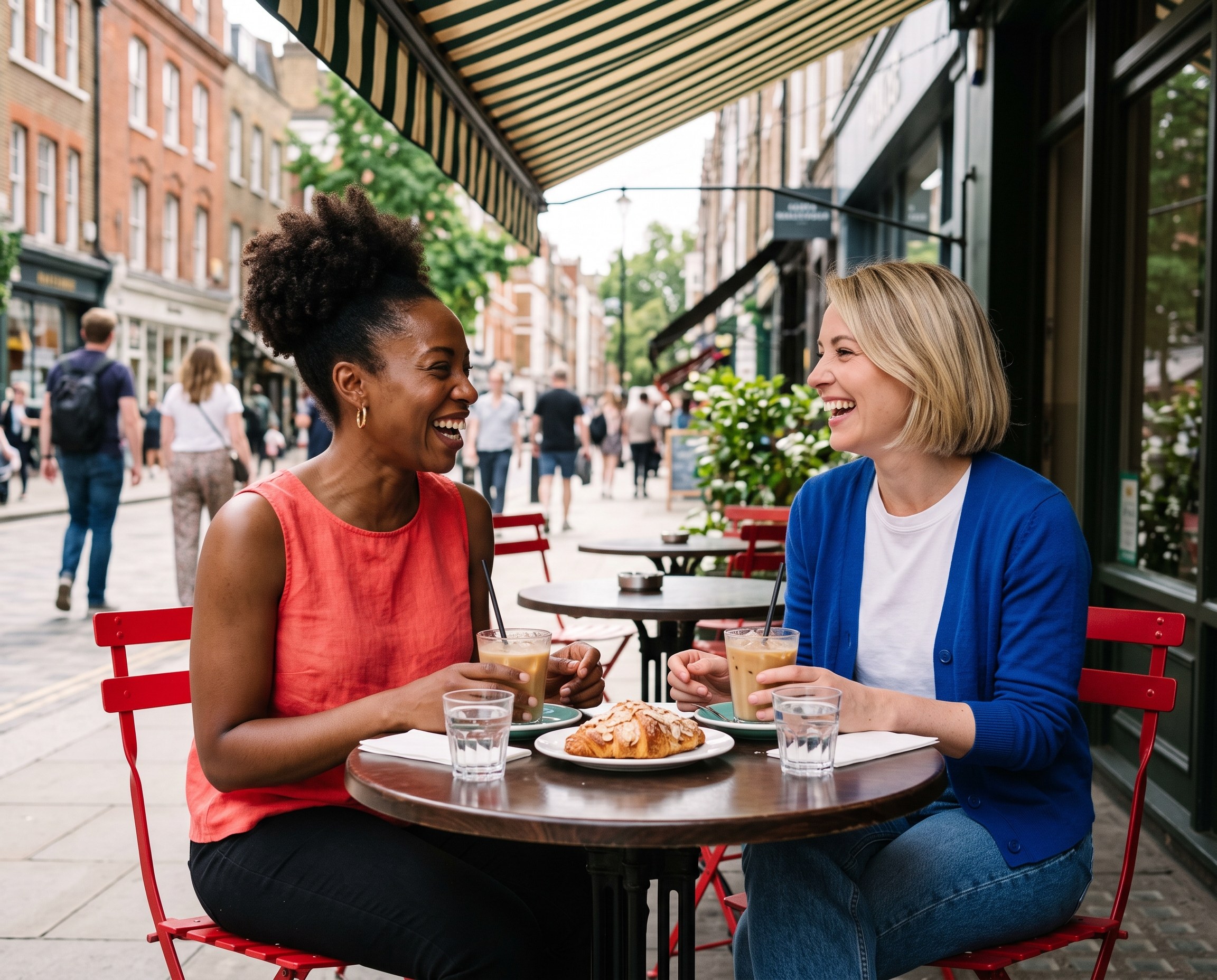 Two women in their mid-30s laughing at a sidewalk café table