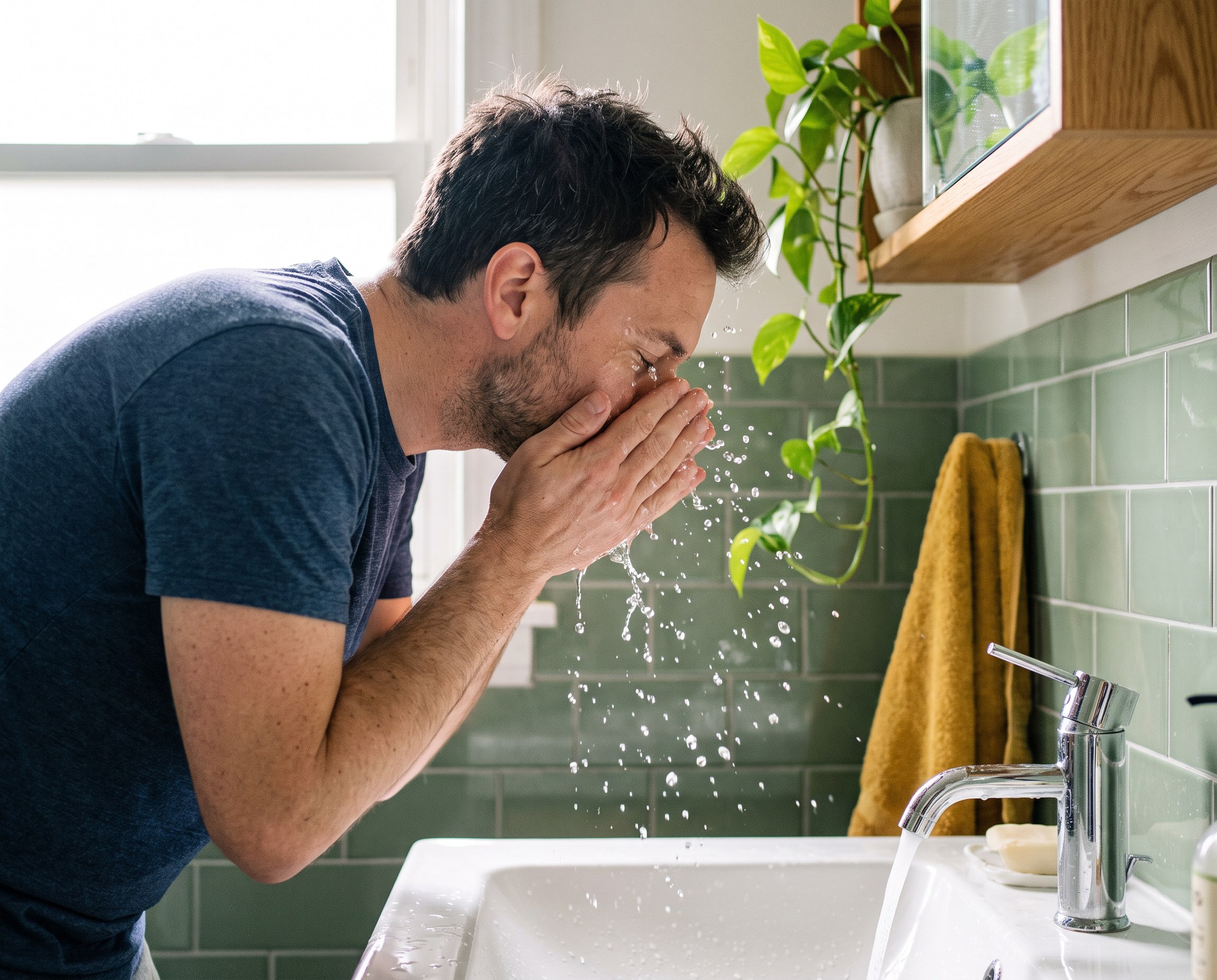 Man in his mid-30s splashing water on his face at a green-tiled bathroom sink