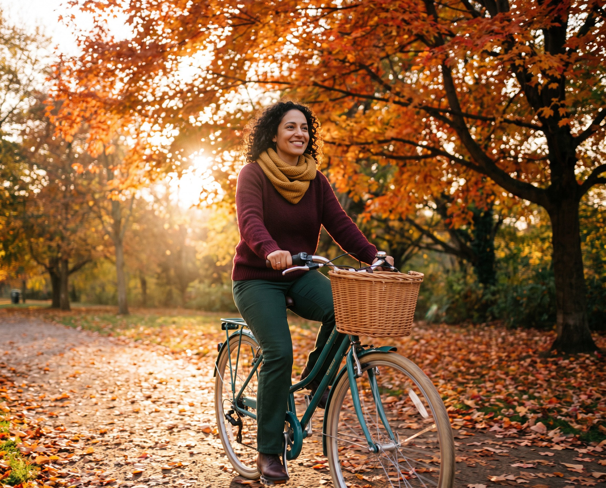 Woman in her mid-30s cycling through an autumn park on a teal bicycle