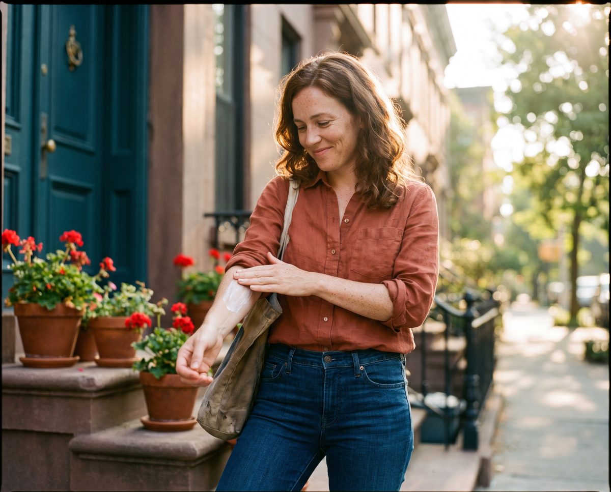 Woman applying sunscreen outside beside flower-filled stoop