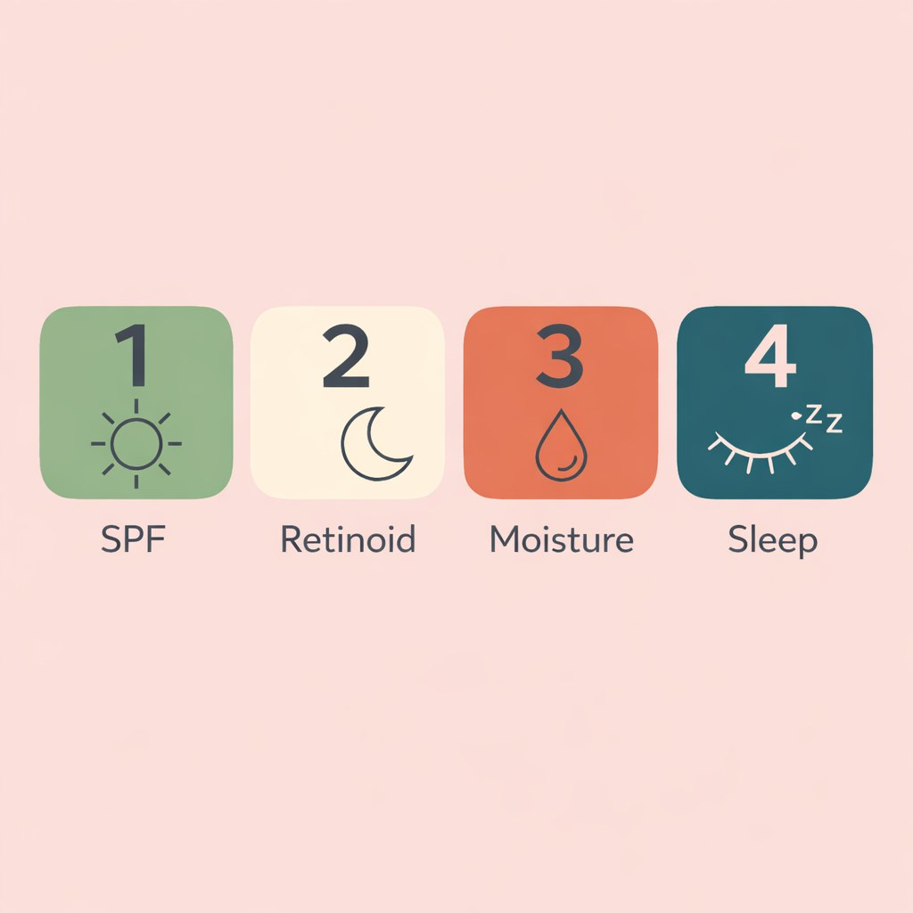 Infographic of four skin habits at 35: SPF, retinoid, moisture, sleep