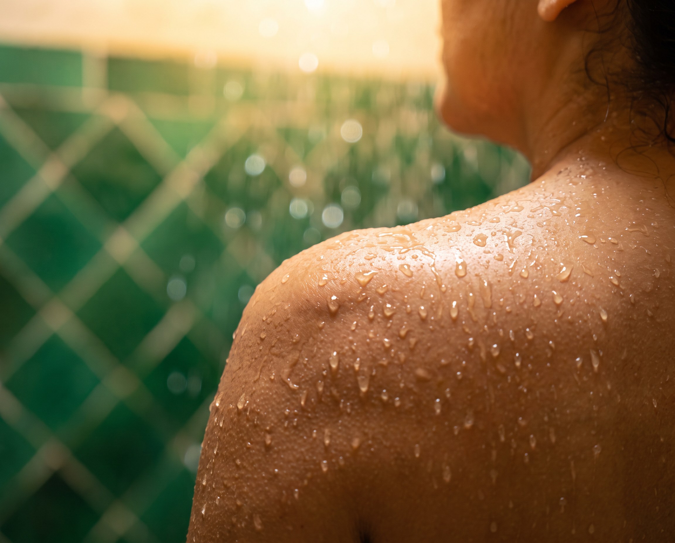 Close-up of water beading on clear skin of a shoulder in the shower