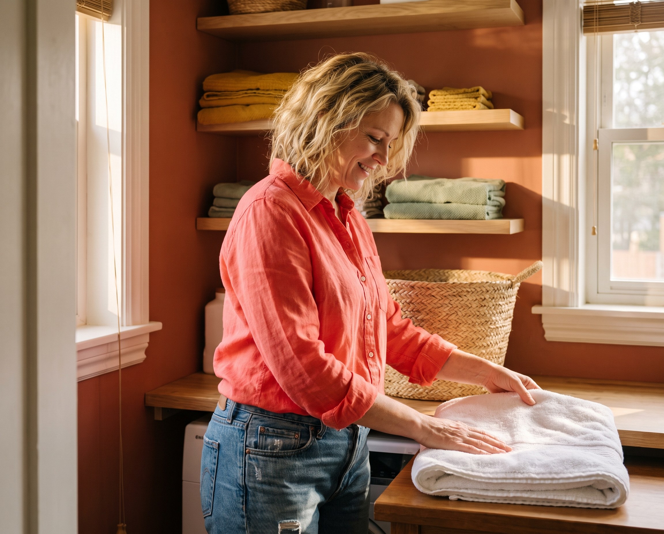 Woman folding white bath towels in a sunlit laundry room