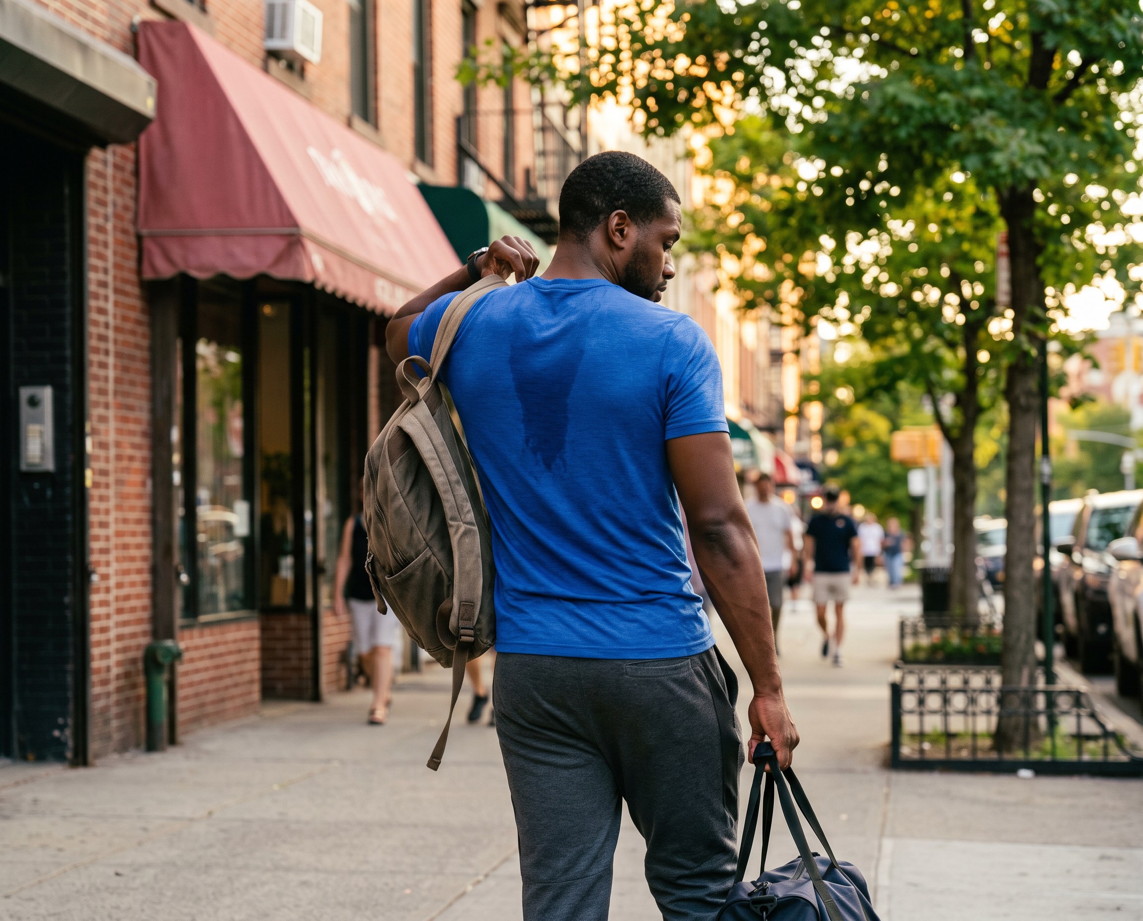 Man taking off a backpack on a city sidewalk after a workout