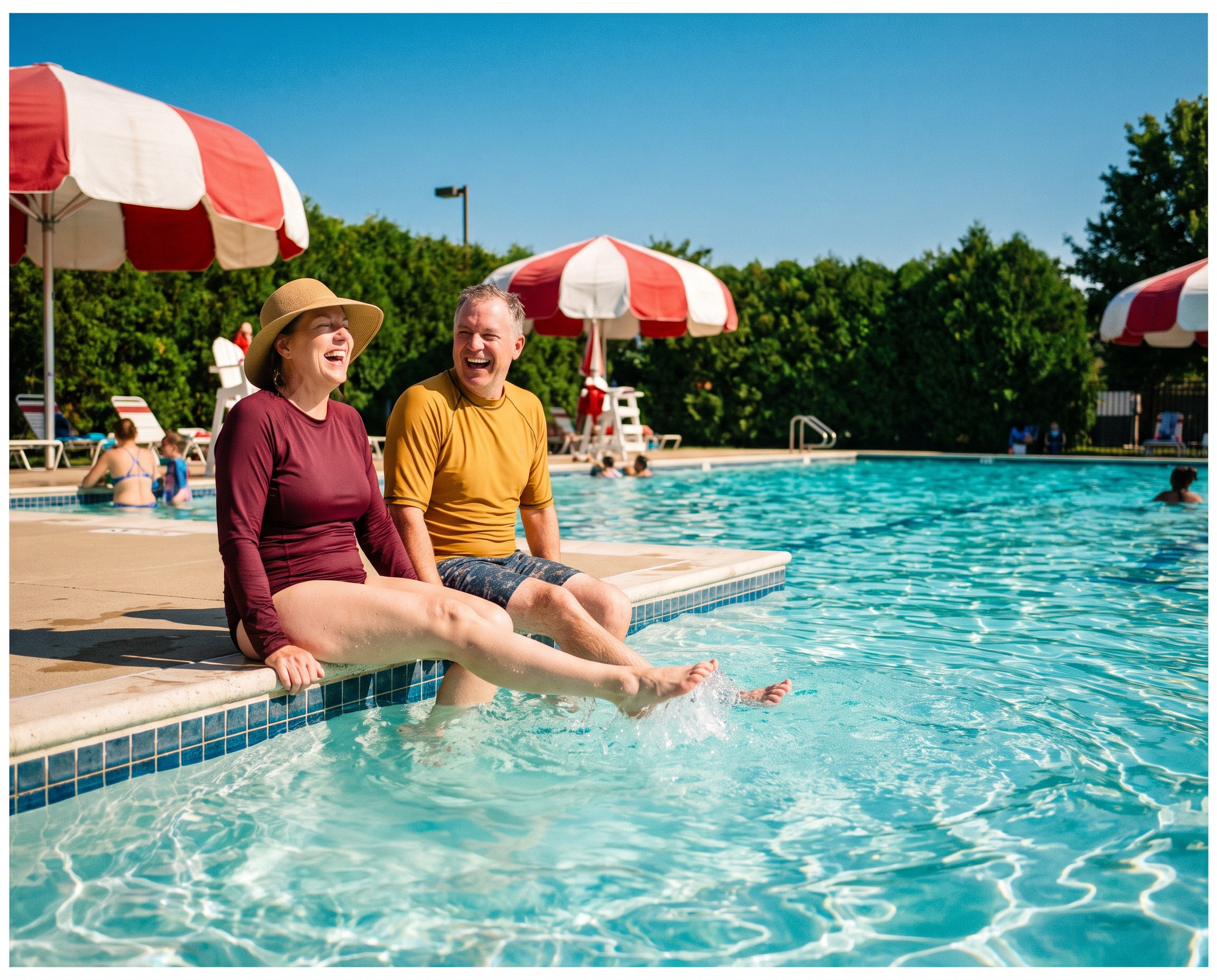 Couple laughing at the edge of a sunny community pool