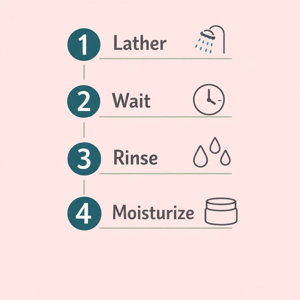 Four-step body acne wash routine infographic: lather, wait, rinse, moisturize