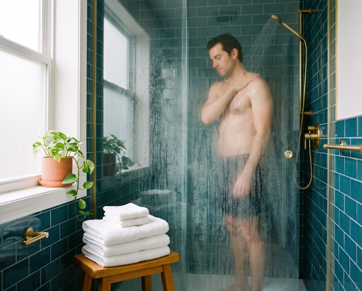 Man showering behind fogged glass in blue-tiled bathroom