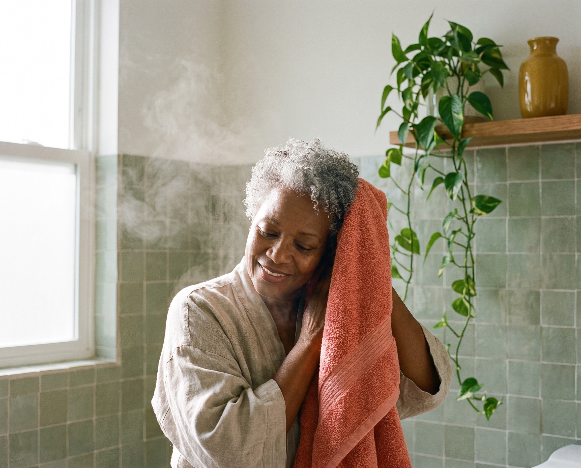 Woman with short gray curls towel-drying her hair in a sage green bathroom