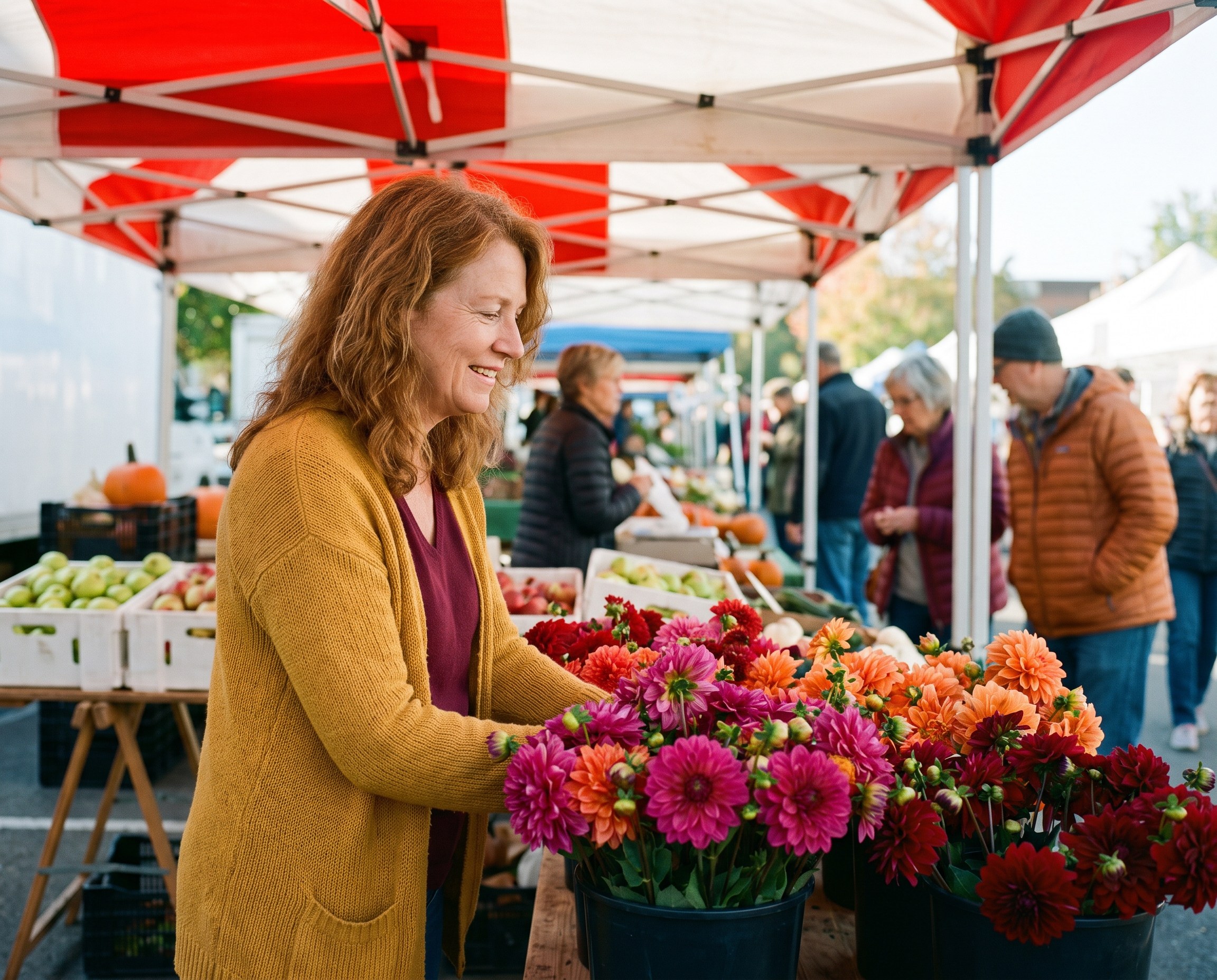 Woman with shoulder-length auburn hair choosing dahlias at a busy farmers market