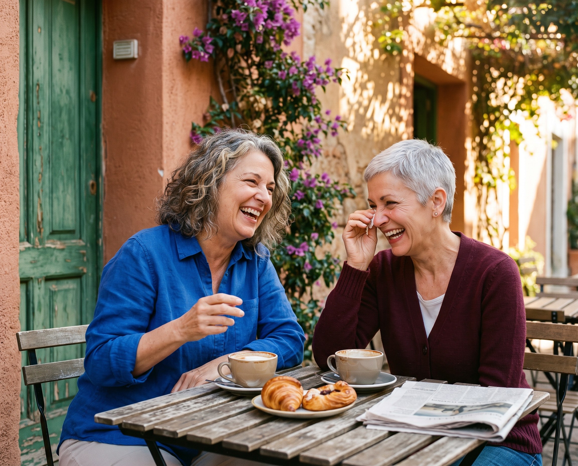 Two women in their sixties laughing together at an outdoor cafe table
