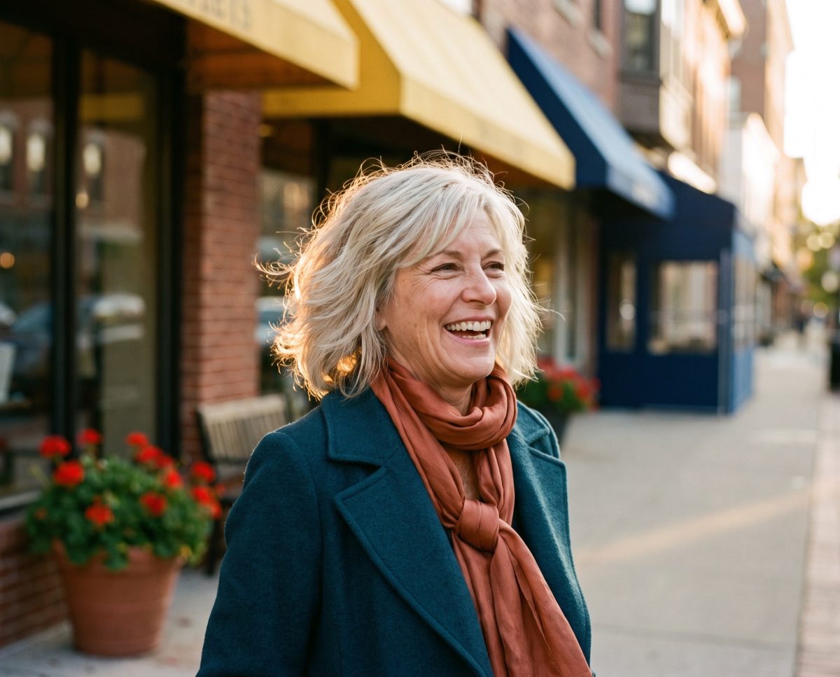 Smiling older woman on sunlit city sidewalk