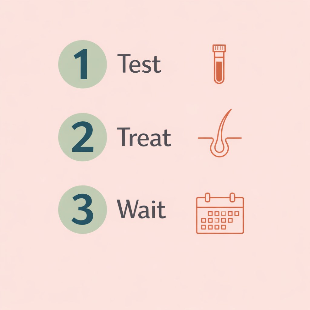 Infographic showing three steps for thinning hair: test, treat, wait
