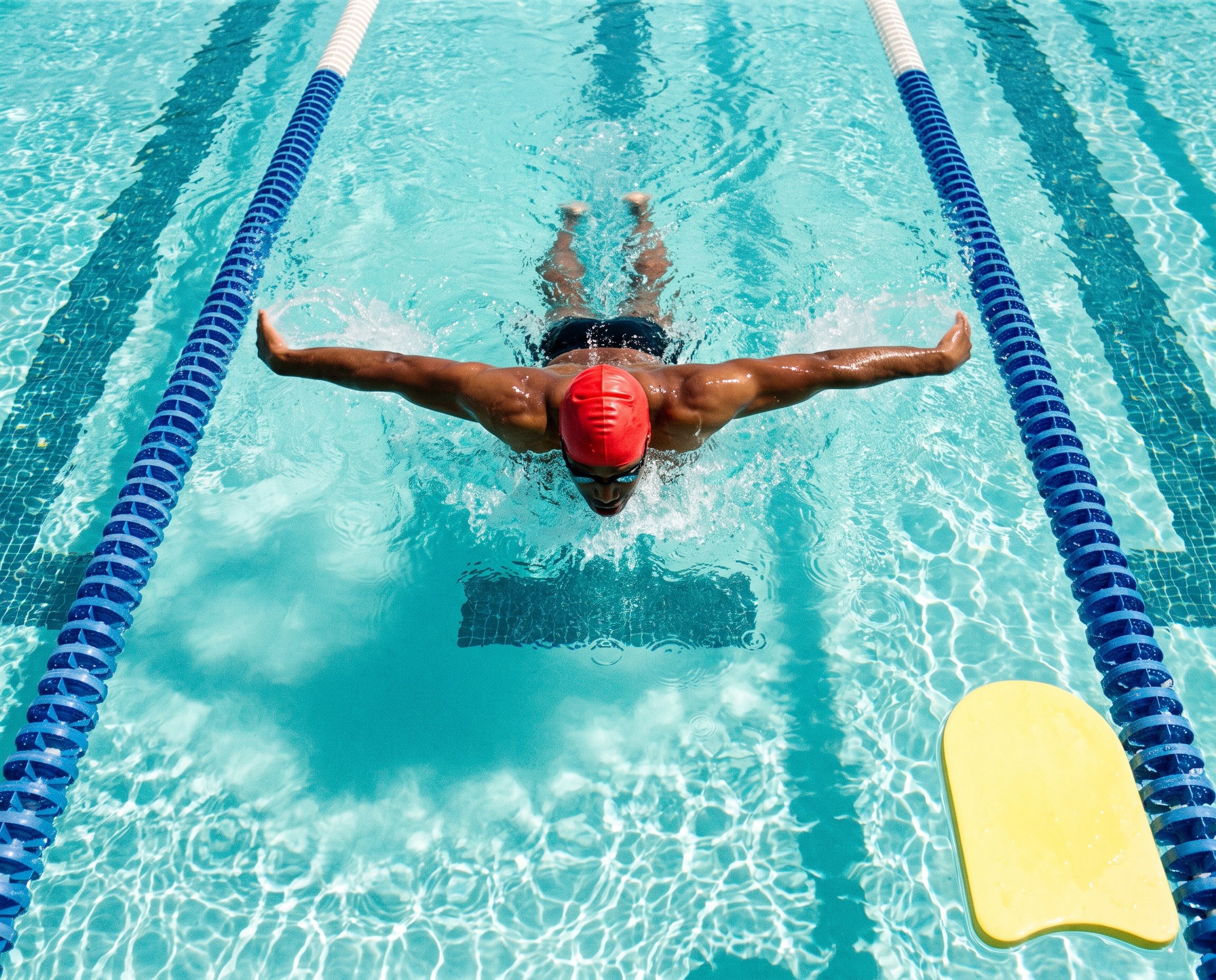 Overhead view of a man swimming freestyle in an outdoor pool lane