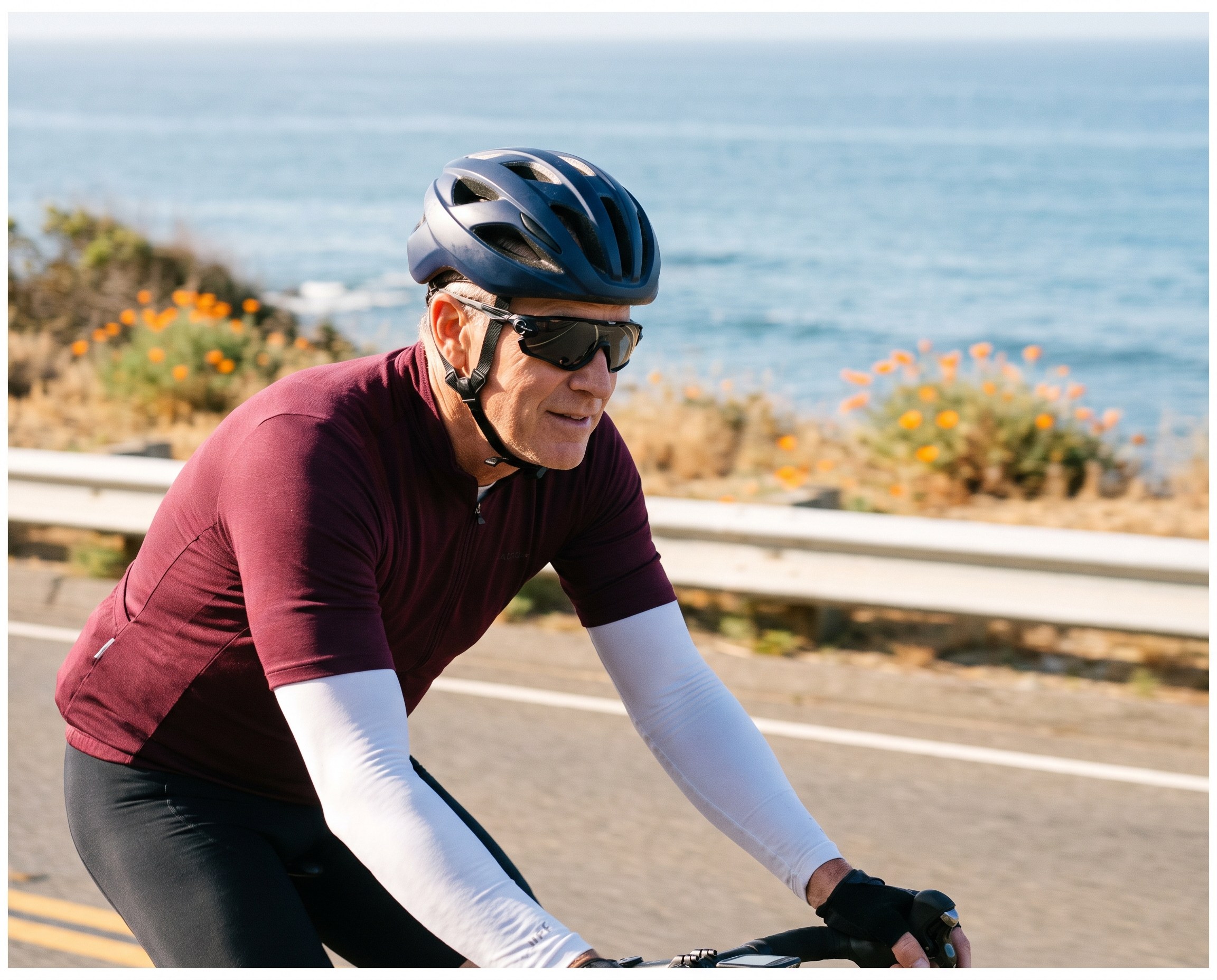 Man in his 60s riding a road bike on a coastal road wearing arm sleeves